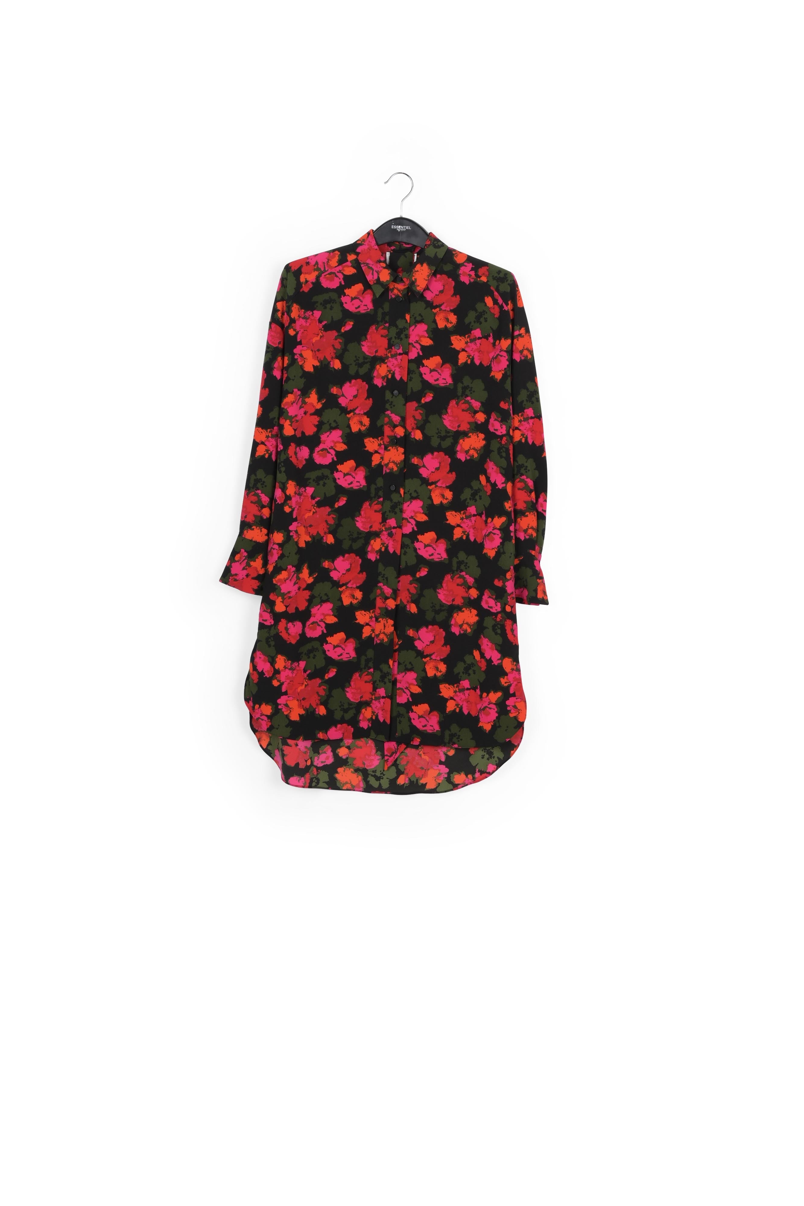 Robe chemise midi à imprimé fleuri noir et rouge RE—SSENTIEL | Essentiel second hand