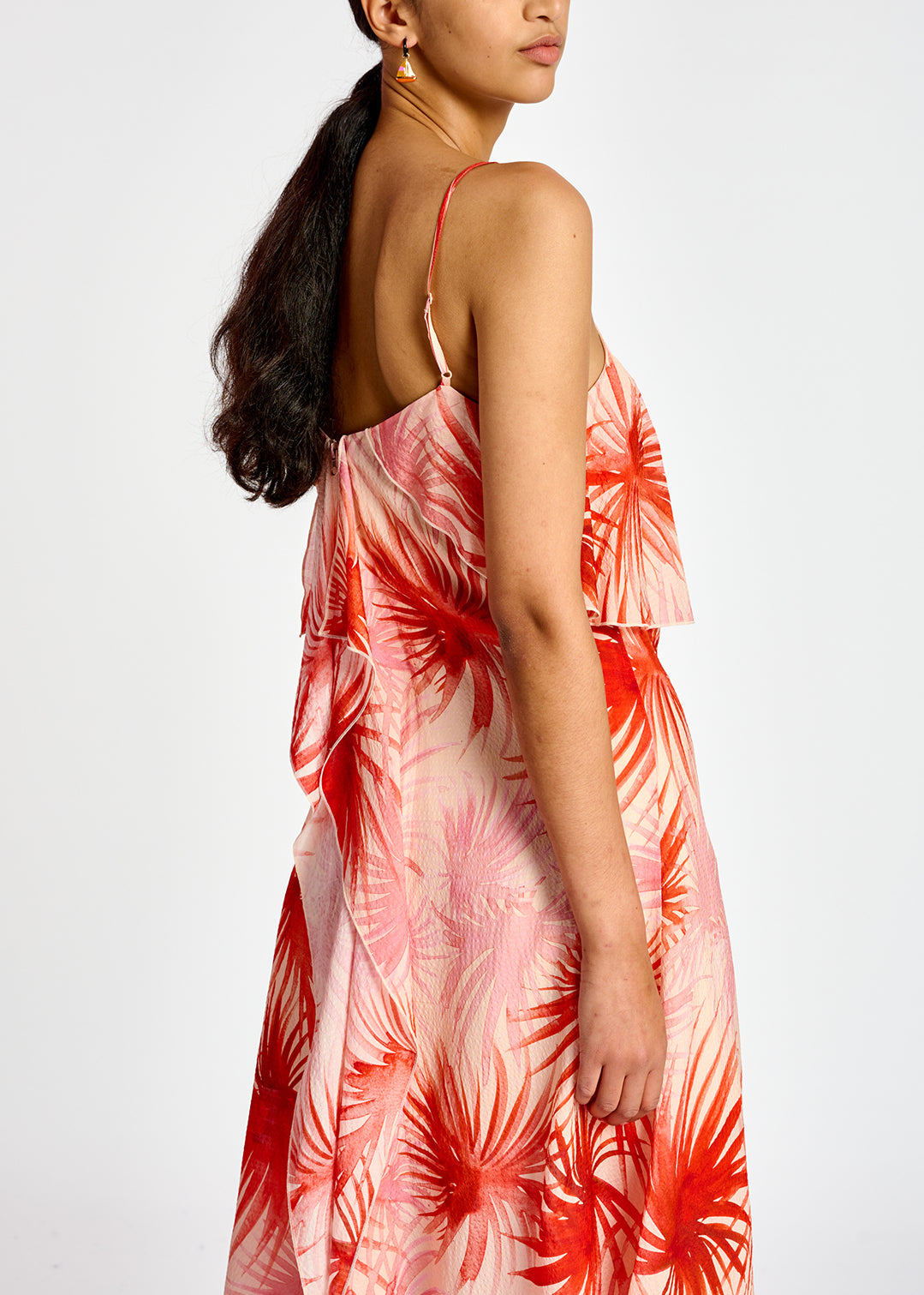 Robe midi orange asymétrique à imprimé feuilles de palmier RE—SSENTIEL | Essentiel second hand