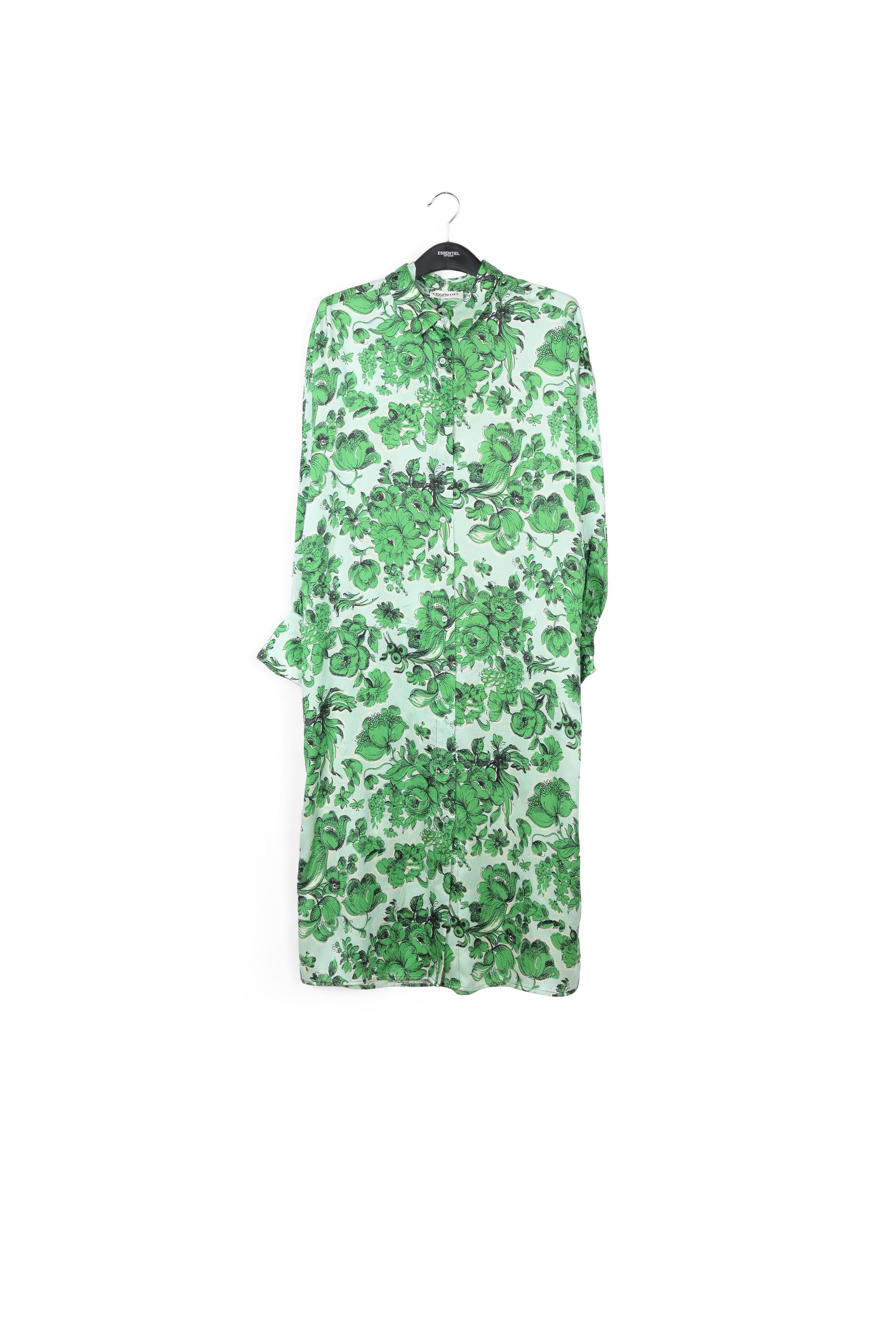 Robe chemise en soie bleue et verte fleurie RE—SSENTIEL | Essentiel second hand