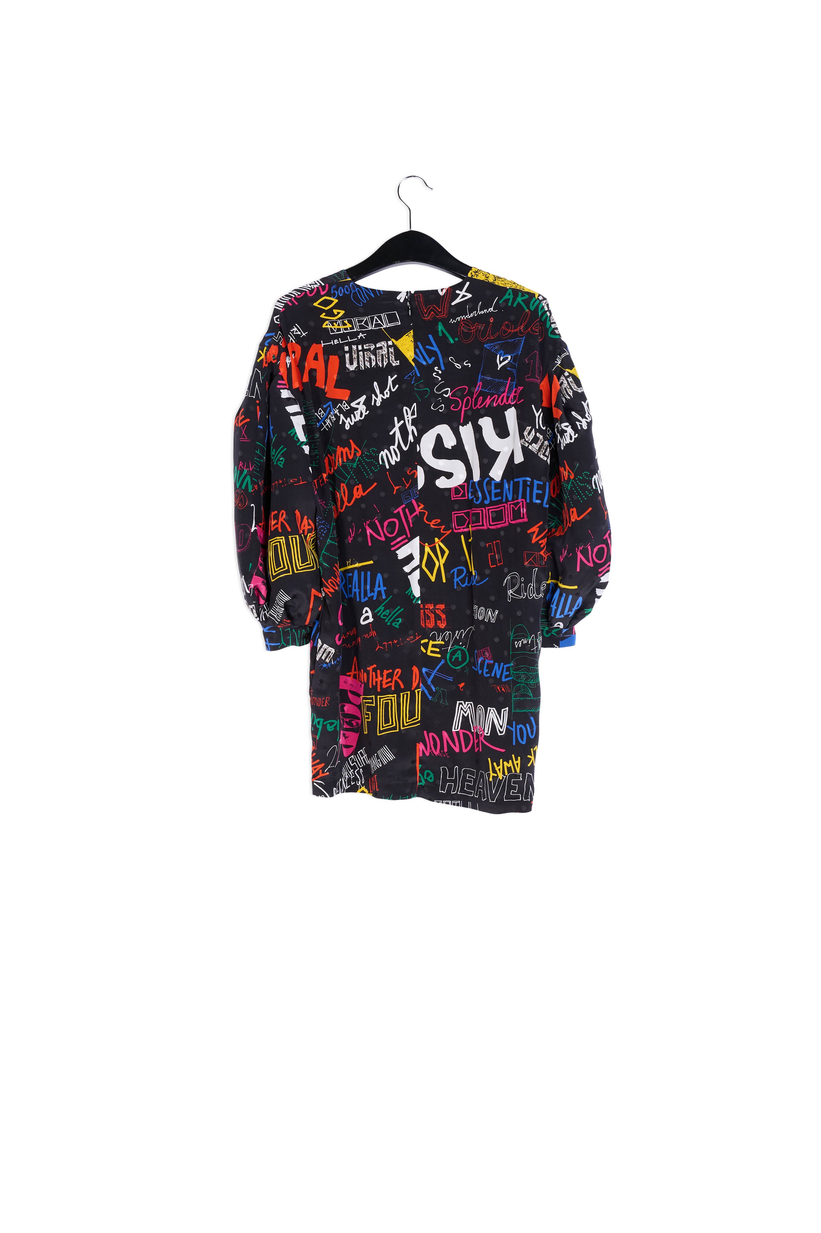 Zwarte zijden mini-jurk met tekst RE—SSENTIEL | Essentiel second hand