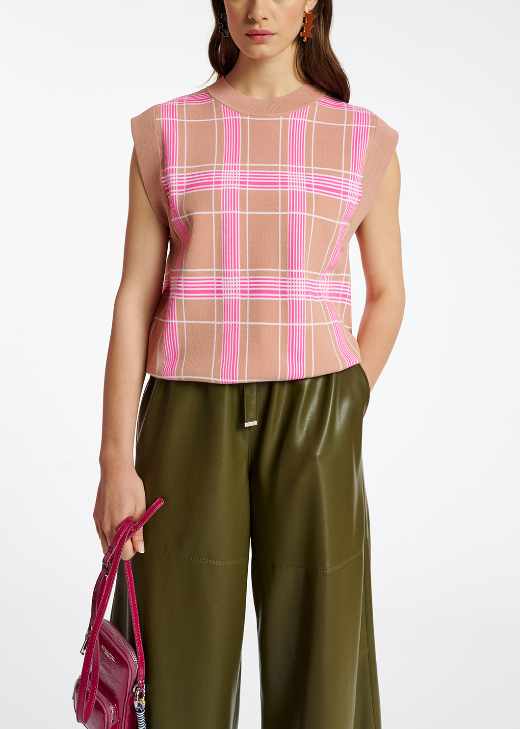 Vintage pink sleeveless knitted top with check motif RE—SSENTIEL | Essentiel second hand