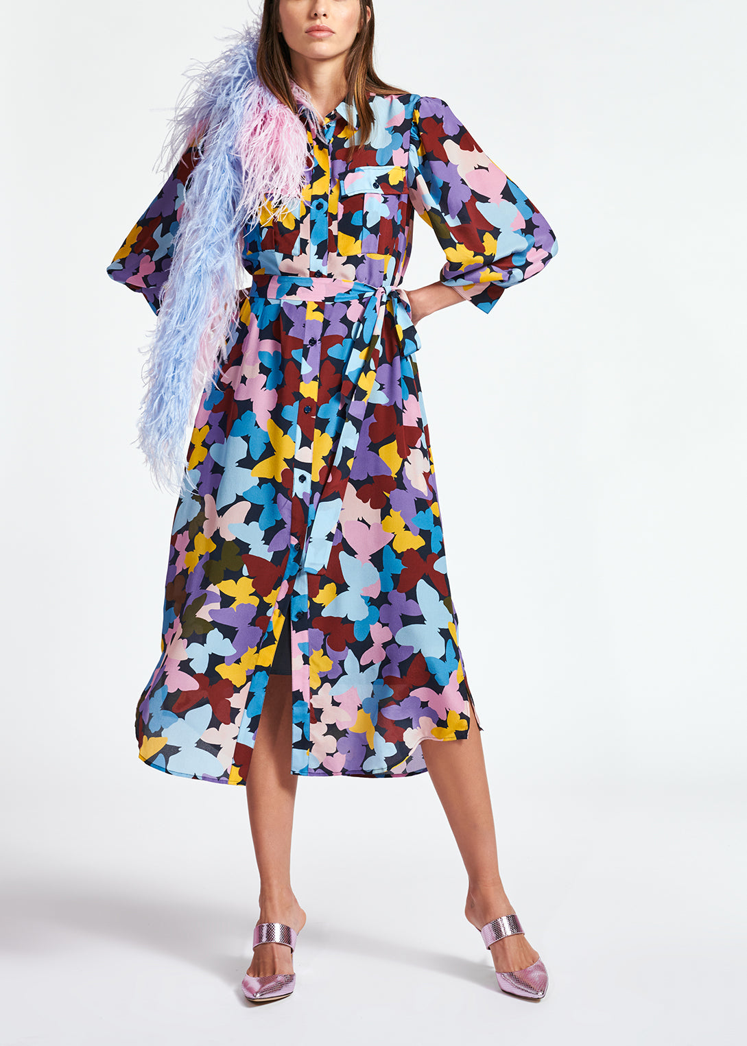 Robe midi en soie à papillons bordeaux, lilas et bleu RE—SSENTIEL | Essentiel second hand