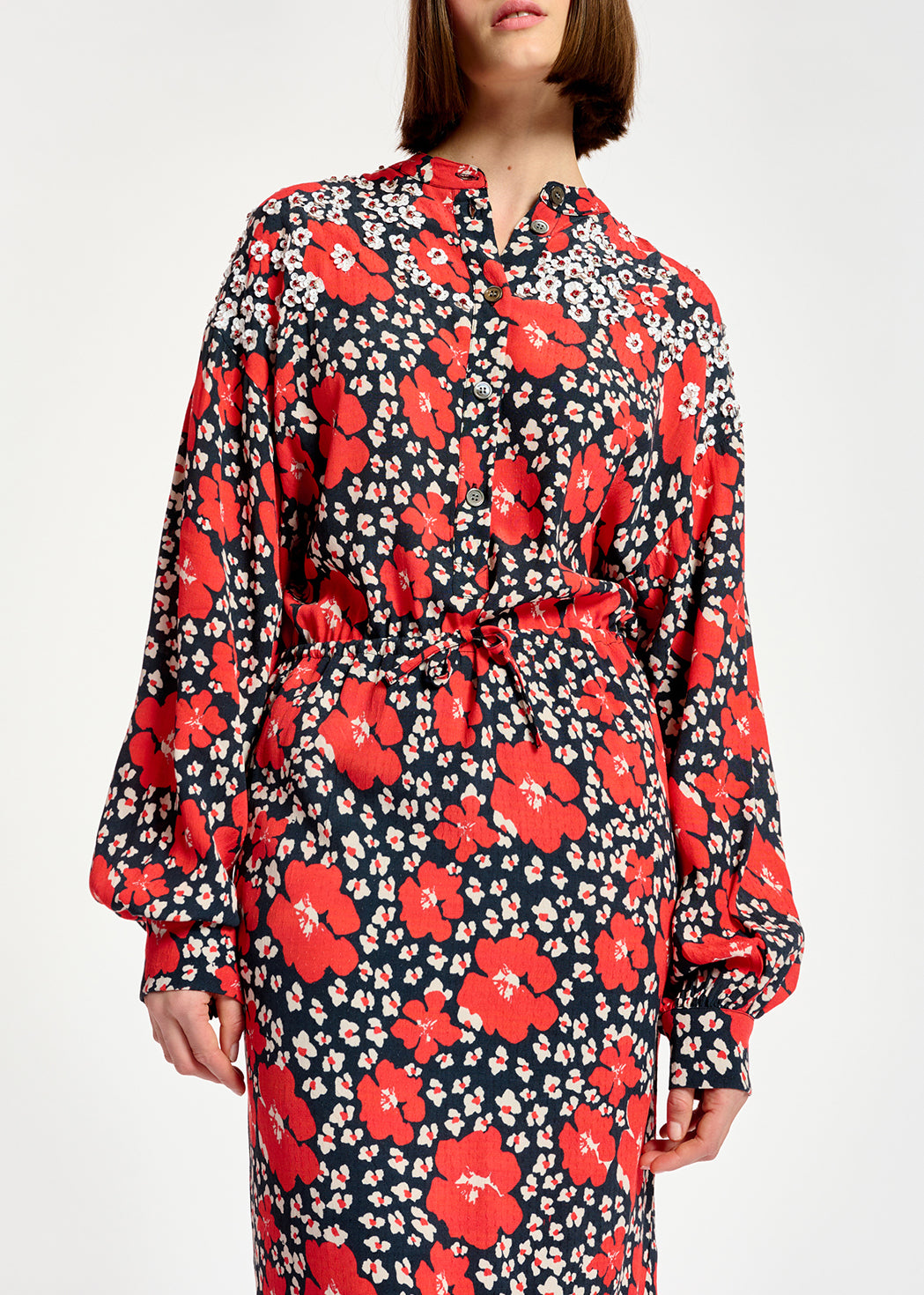 Robe midi à  imprimé fleuri bleu, rouge et blanc RE—SSENTIEL | Essentiel second hand