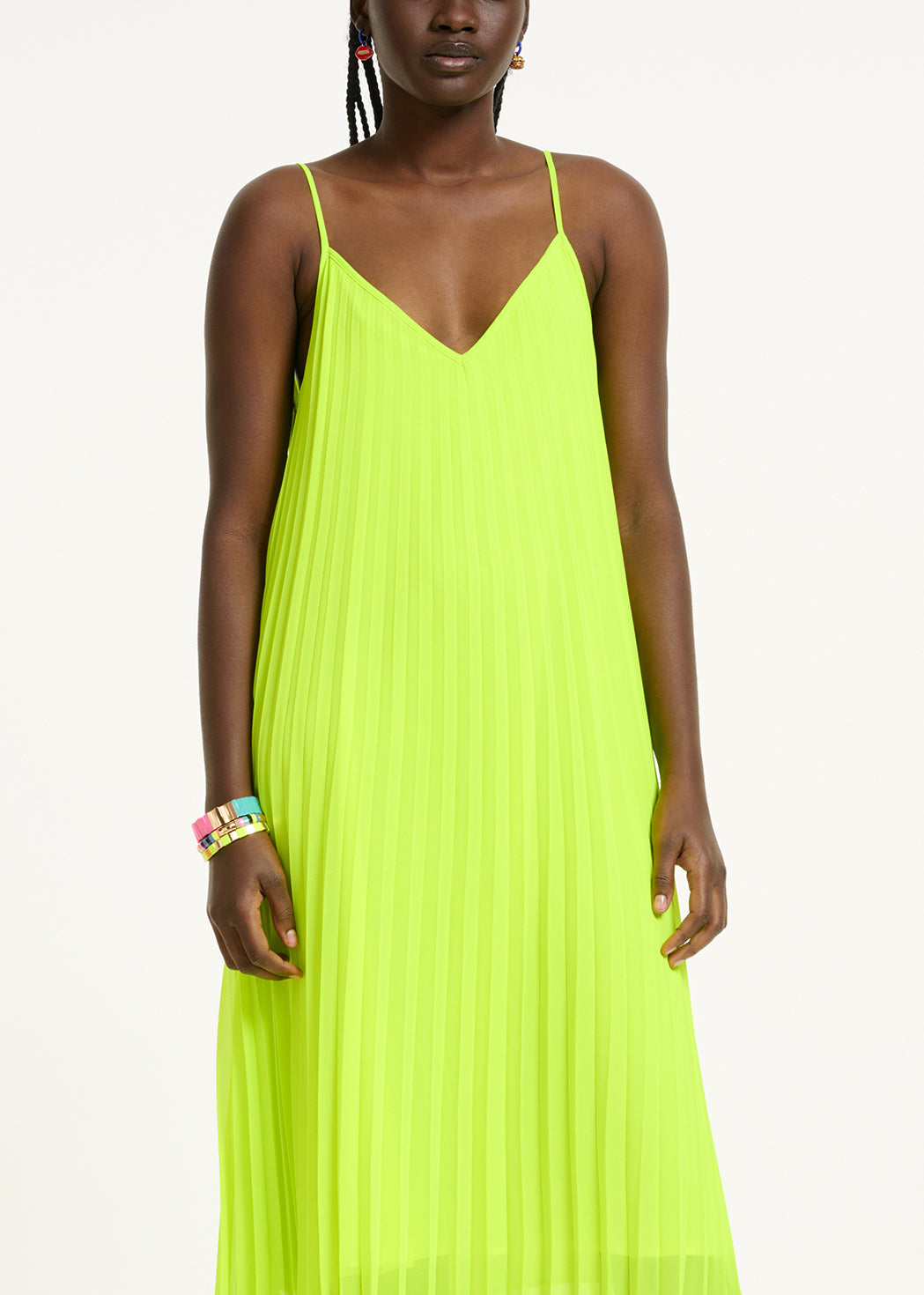 Neon yellow plissé midi-length slip dress RE—SSENTIEL | Essentiel second hand