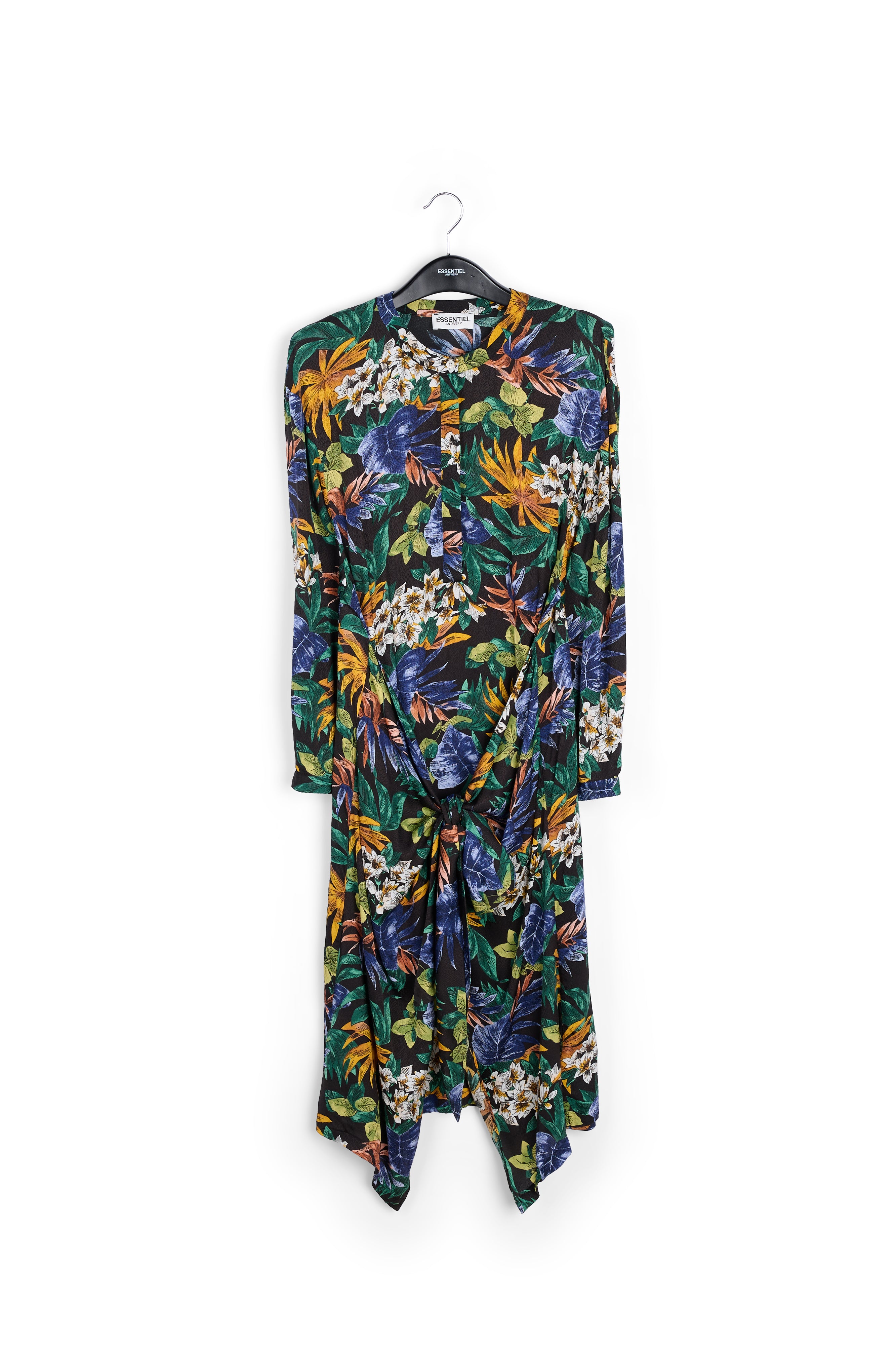 Groene, blauwe en oranje midi-jurk met bloemen RE—SSENTIEL | Essentiel second hand