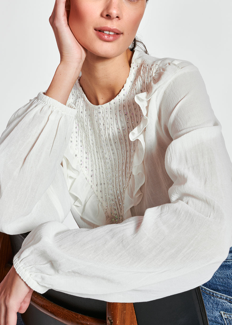 Off-white sequin-embroidered top with ruffles RE—SSENTIEL | Essentiel second hand