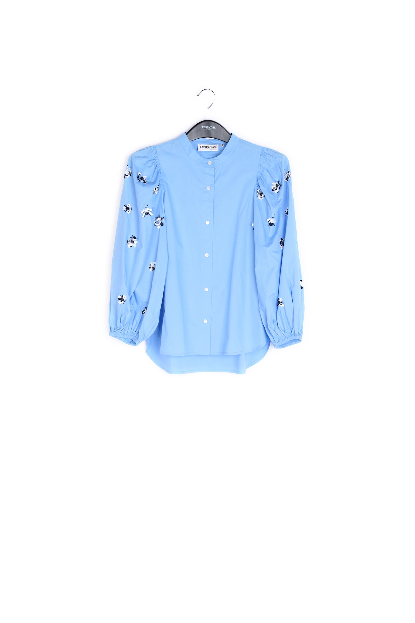 Blue cotton-poplin embroidered puffed-sleeve shirt RE—SSENTIEL | Essentiel second hand