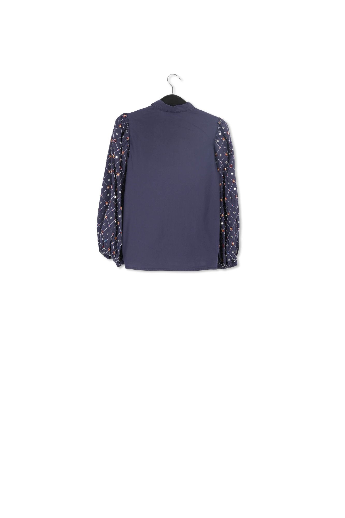 Dark blue mirror-embroidered puffed-sleeve shirt RE—SSENTIEL | Essentiel second hand