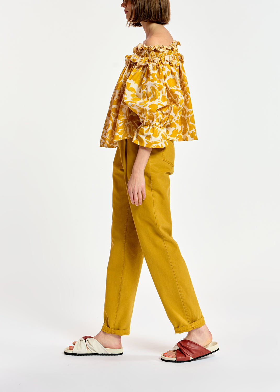 Yellow and white tropical print off-the-shoulder top RE—SSENTIEL | Essentiel second hand