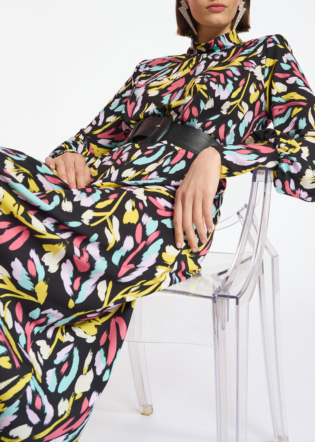 Black, yellow and lilac stretch-jersey midi dress RE—SSENTIEL | Essentiel second hand