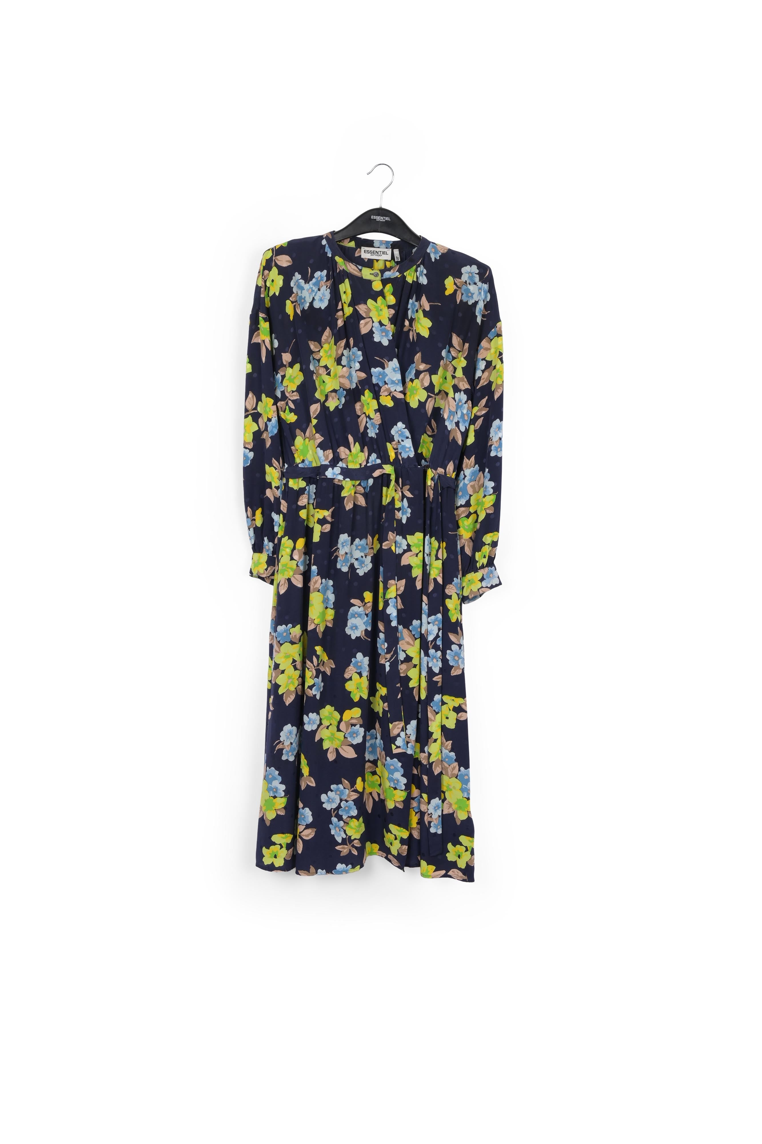 Robe chemise bleu foncé en soie à fleurs et à pois RE—SSENTIEL | Essentiel second hand