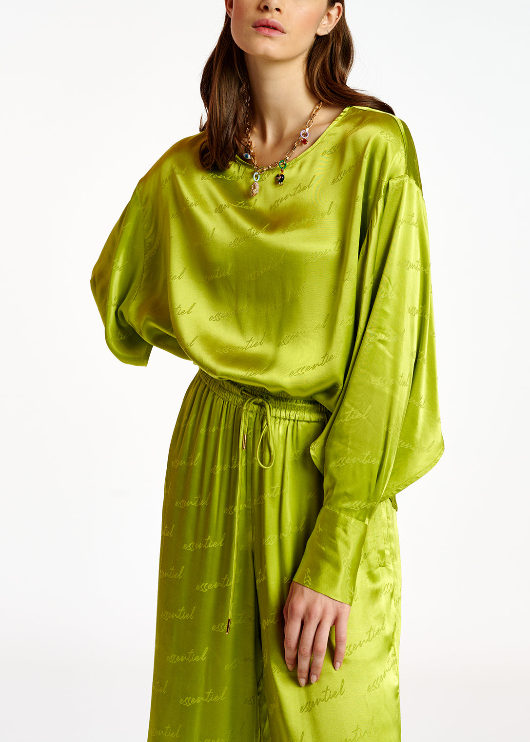 Lime green satin jacquard loose-fit top RE—SSENTIEL | Essentiel second hand