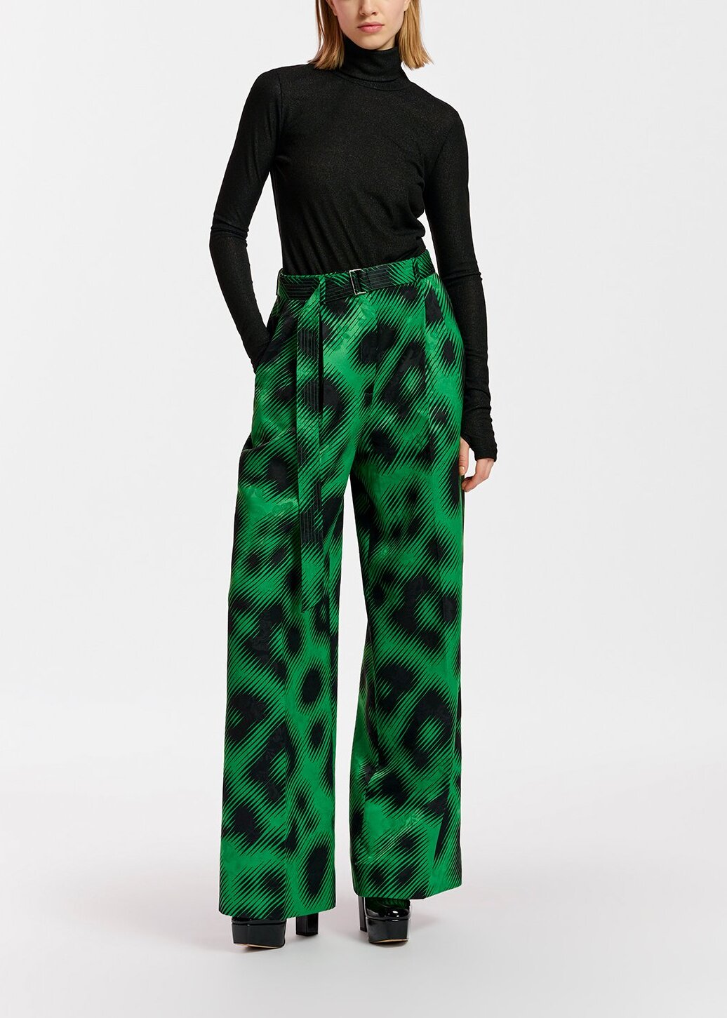 Green jacquard belted pants with leopard print RE—SSENTIEL | Essentiel second hand