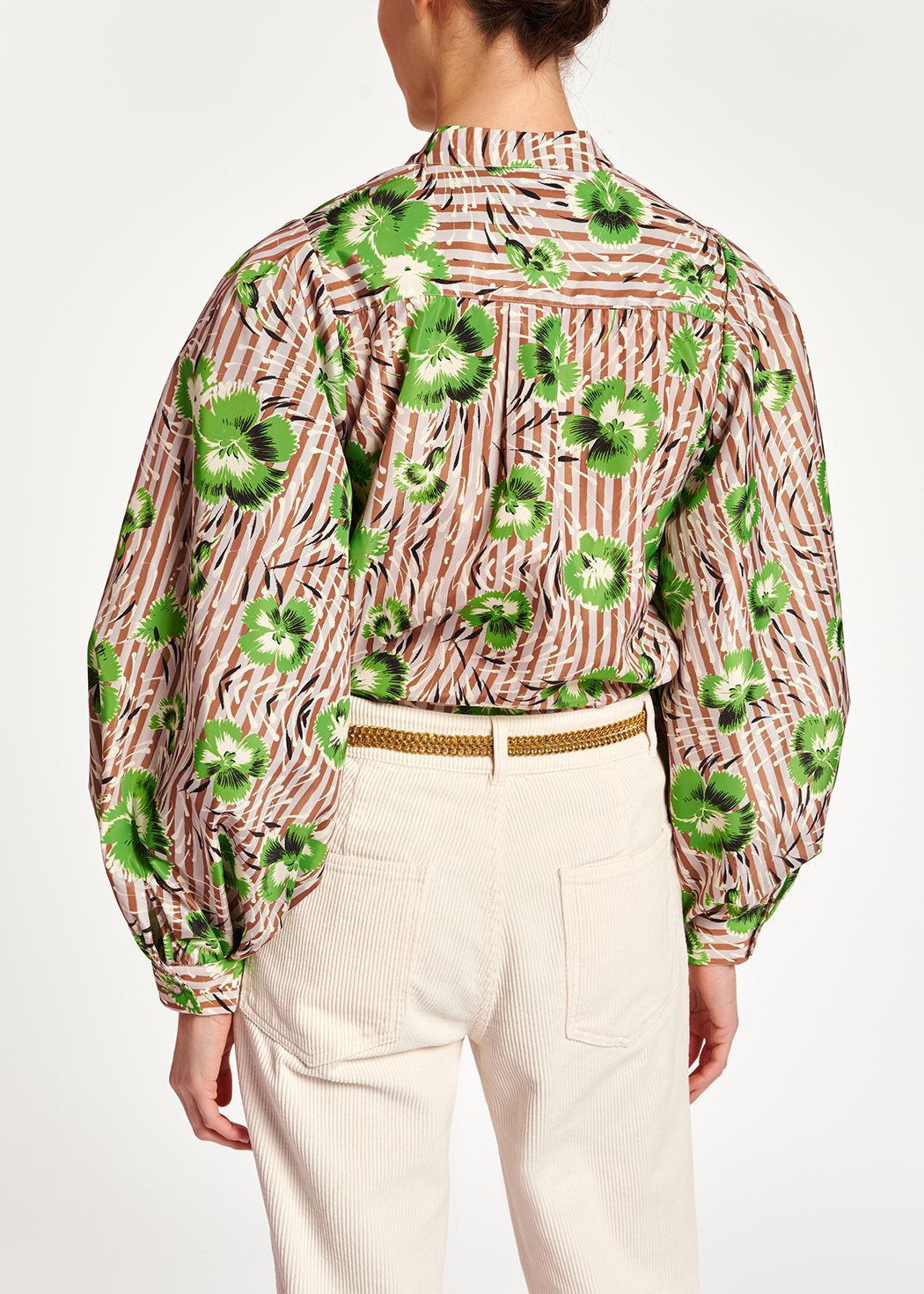 Stripe and green floral print puffed-sleeve top RE—SSENTIEL | Essentiel second hand