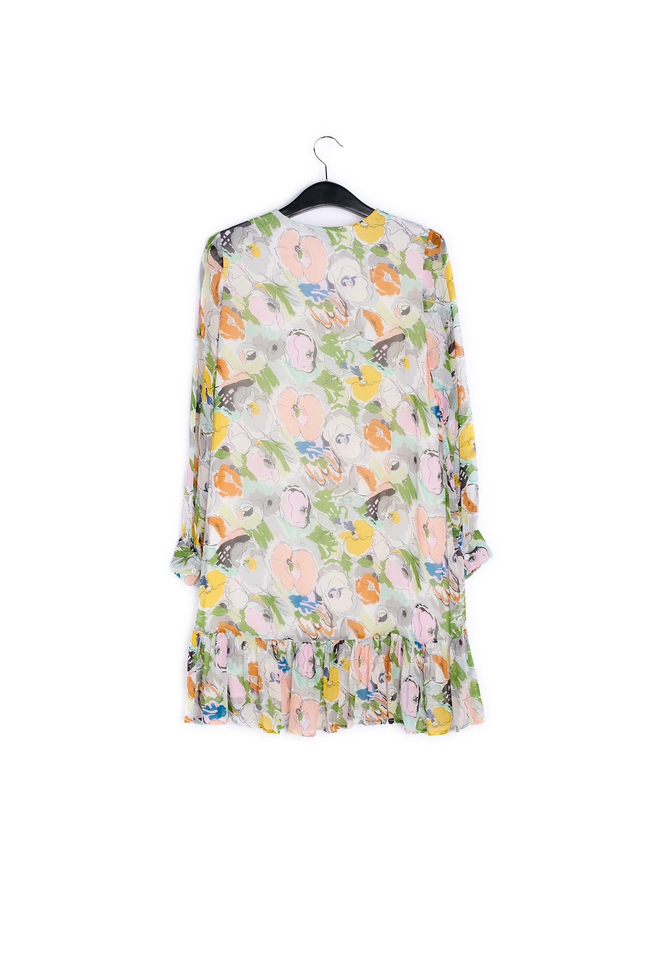 Grijze, perzikkleurige en gele mini-jurk met bloemenprint RE—SSENTIEL | Essentiel second hand