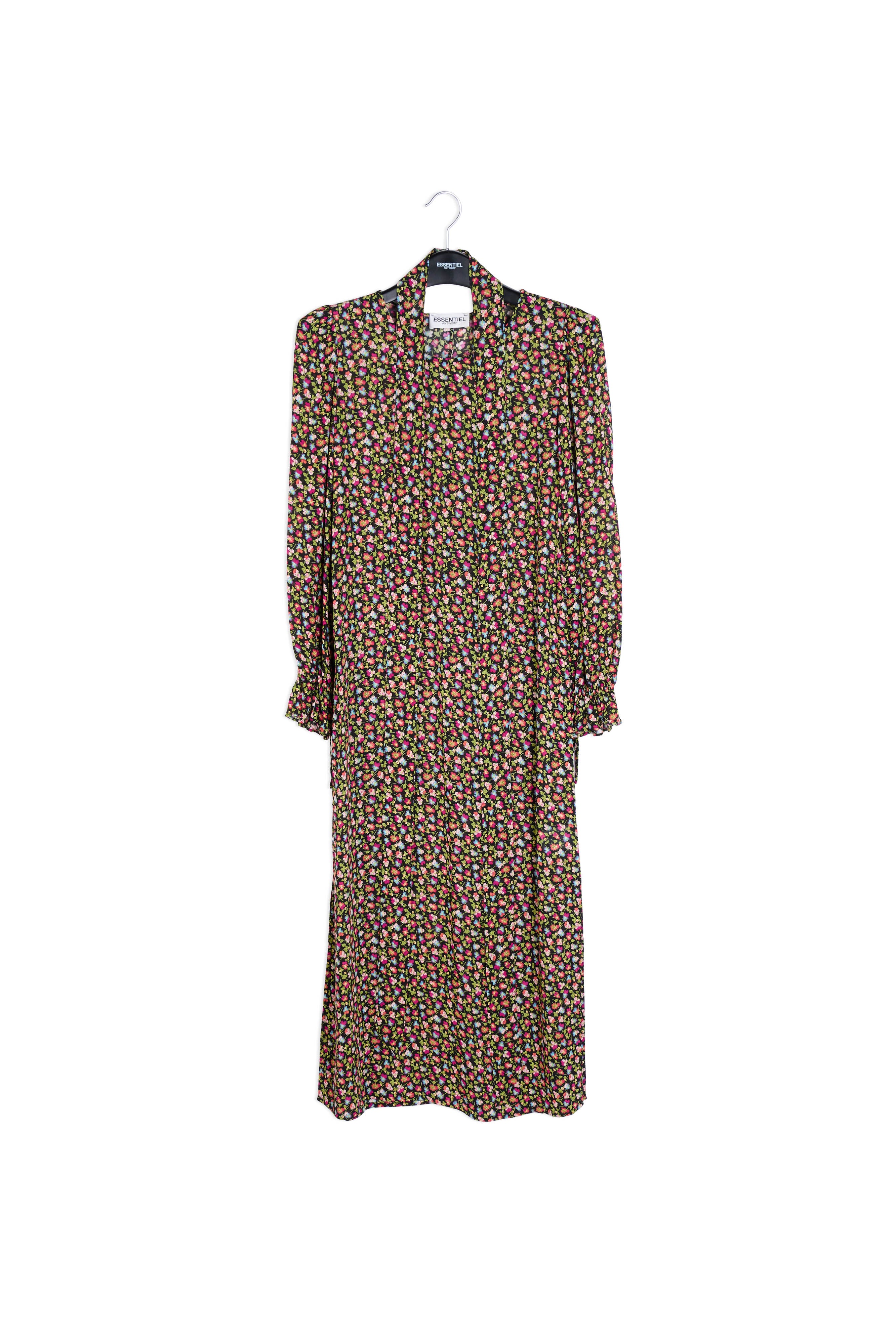 Midi-jurk met riem en zwarte, lichtgroene en fuchsia bloemenprint RE—SSENTIEL | Essentiel second hand