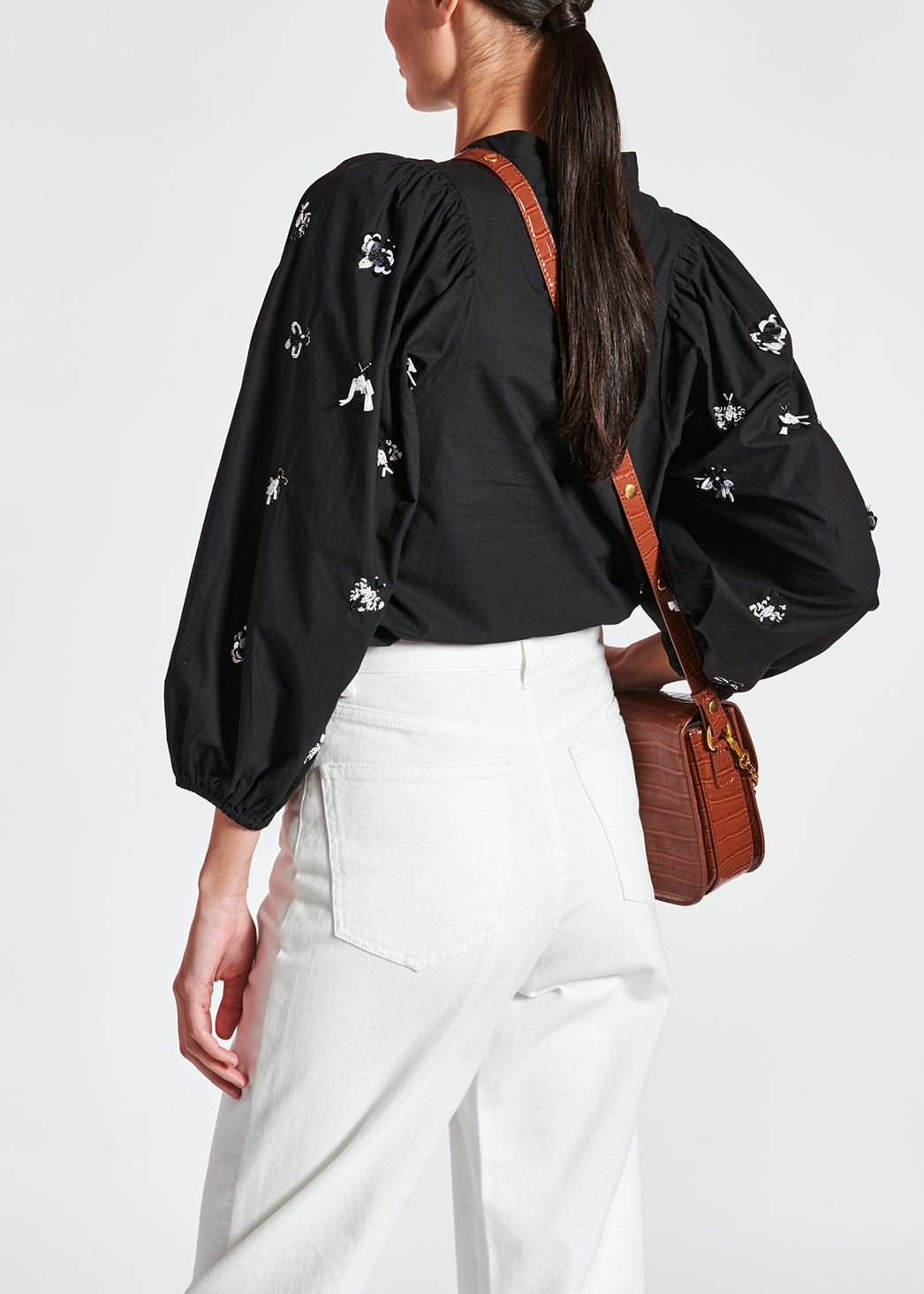 Black cotton-poplin embroidered puffed-sleeve shirt RE—SSENTIEL | Essentiel second hand