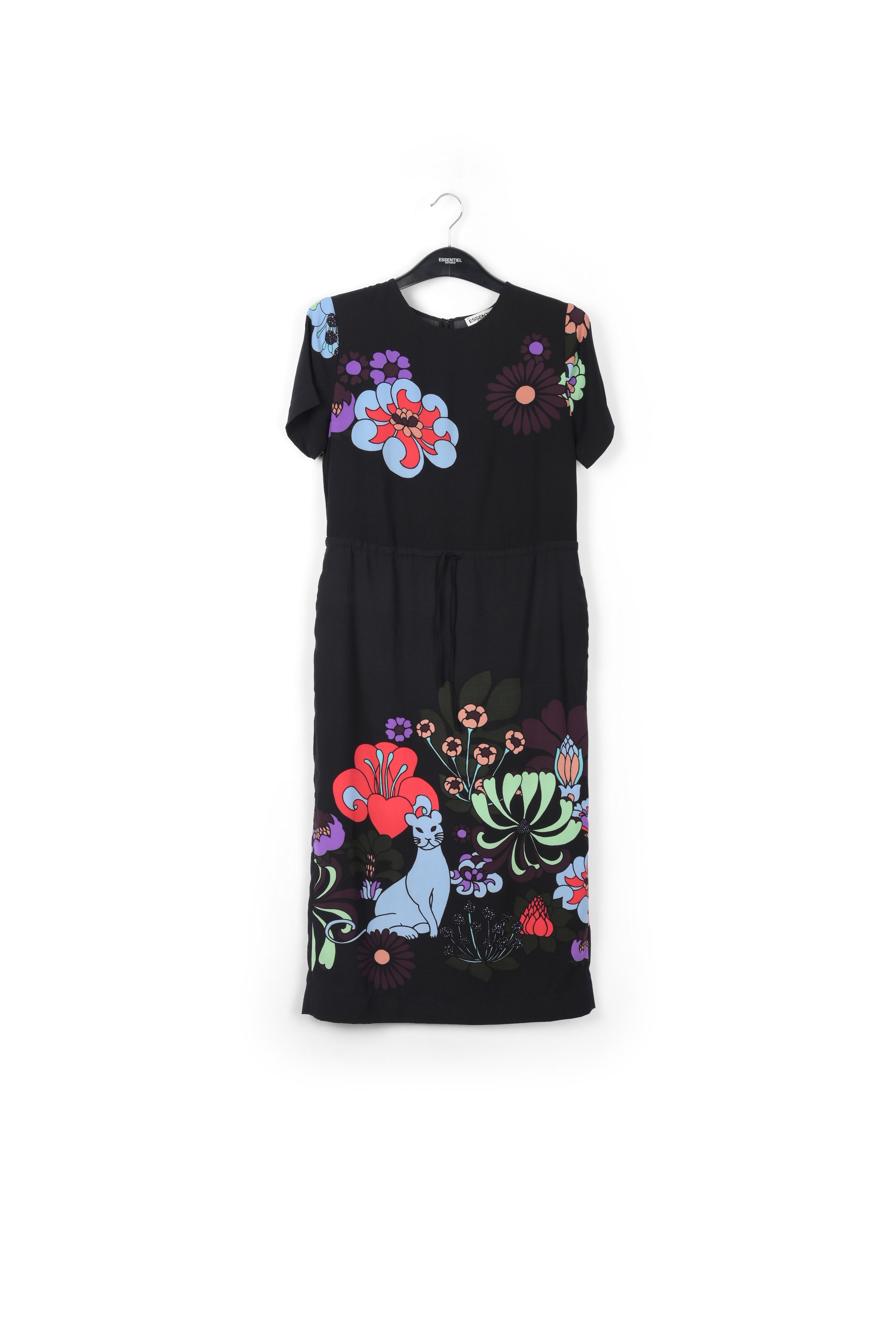 Robe mi-longue noire avec imprimé chat et fleurs RE—SSENTIEL | Essentiel second hand