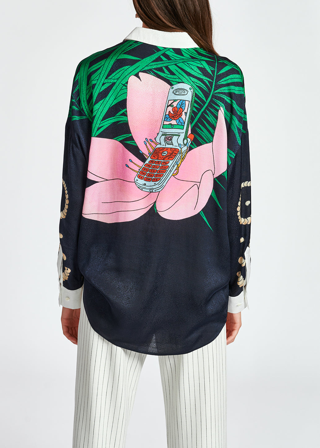 Dark blue tropical print viscose-jacquard shirt RE—SSENTIEL | Essentiel second hand