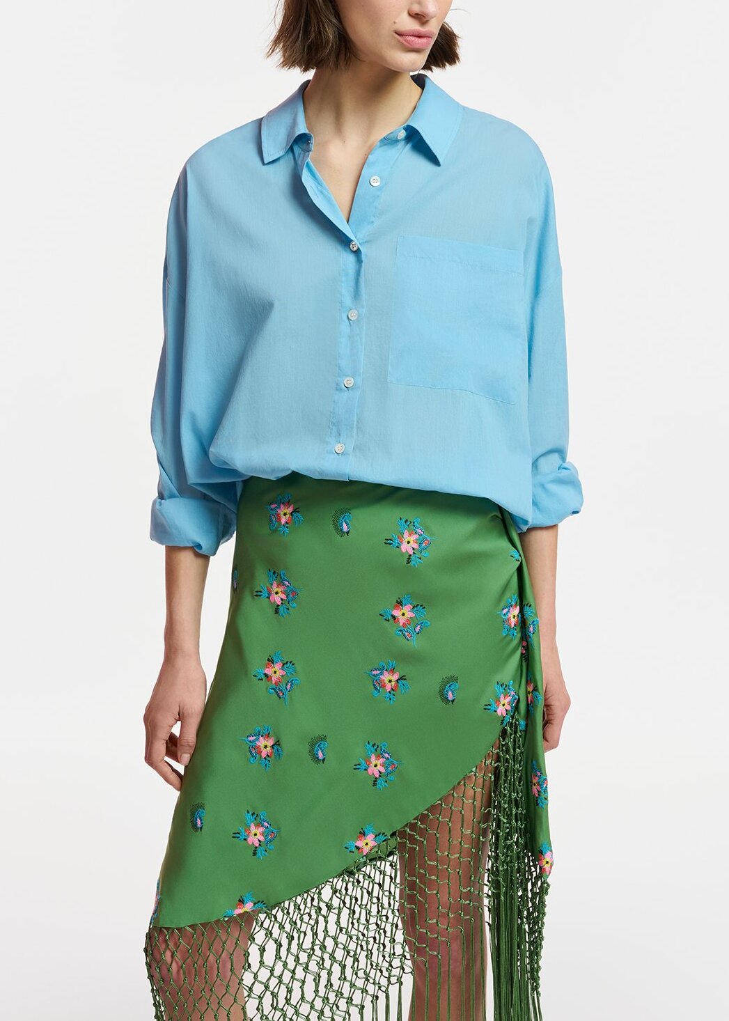 Dark green embroidered front-tie mini skirt with fringes RE—SSENTIEL | Essentiel second hand