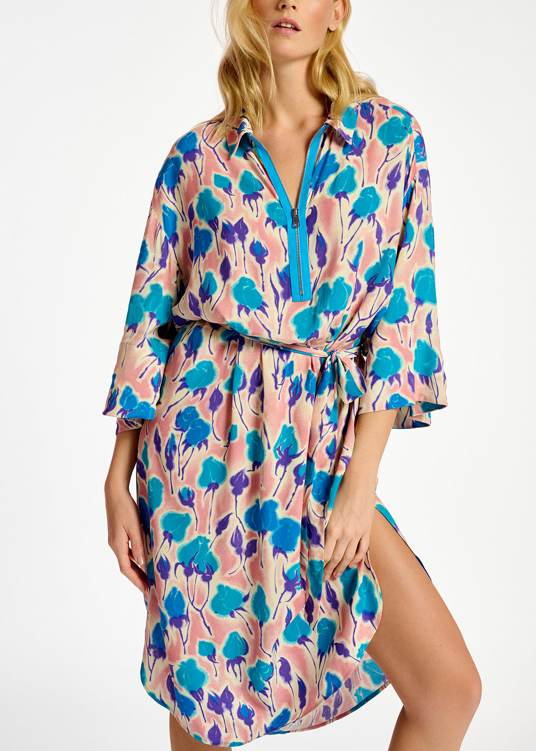 Light pink, blue and purple floral print midi-length dress RE—SSENTIEL | Essentiel second hand