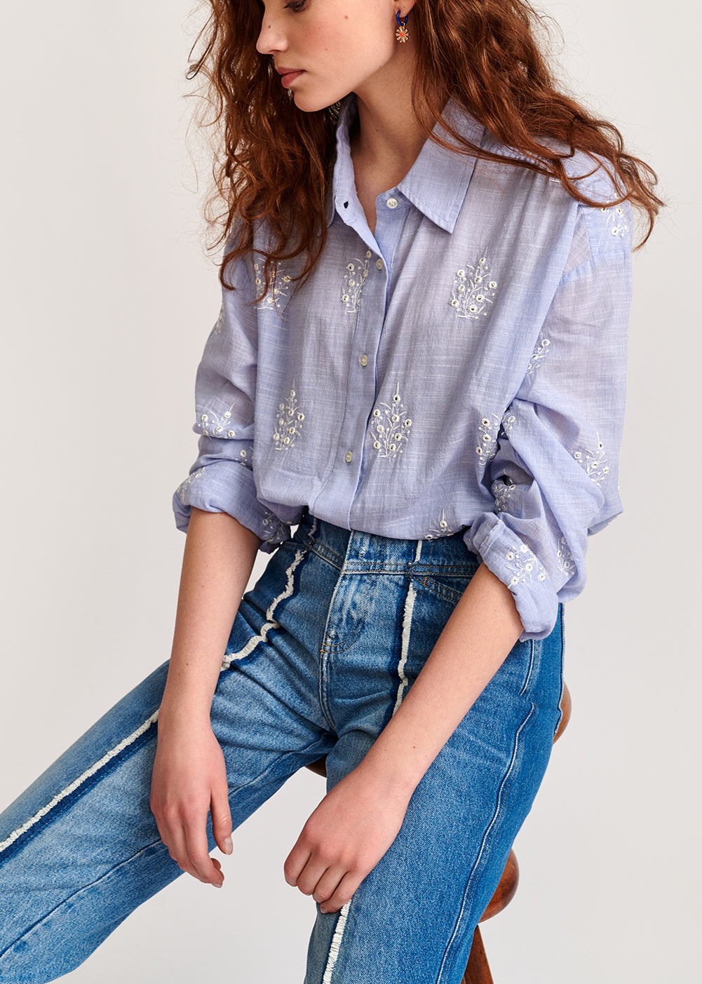 Light blue embellished embroidered cotton shirt RE—SSENTIEL | Essentiel second hand