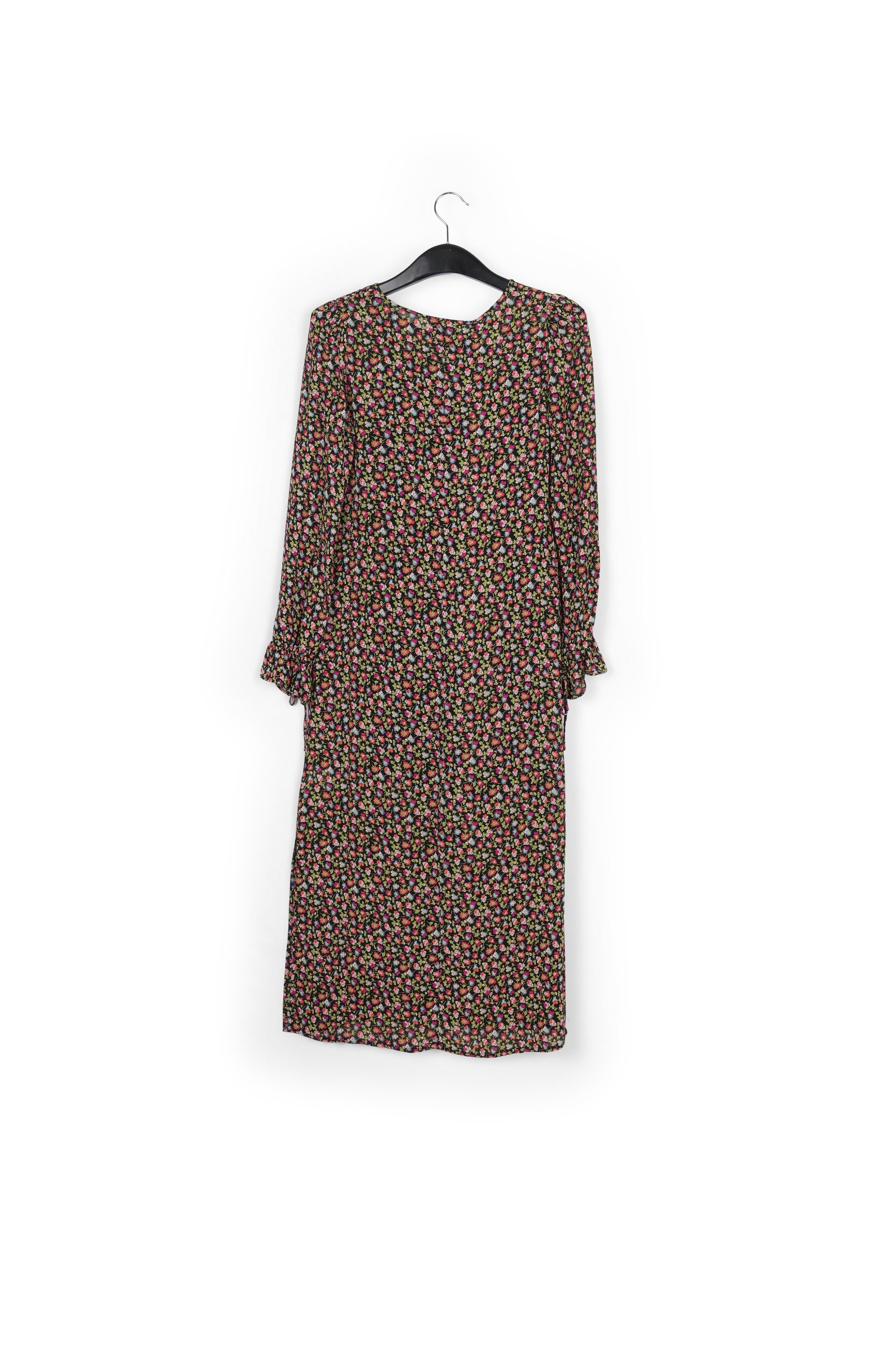 Midi-jurk met riem en zwarte, lichtgroene en fuchsia bloemenprint RE—SSENTIEL | Essentiel second hand