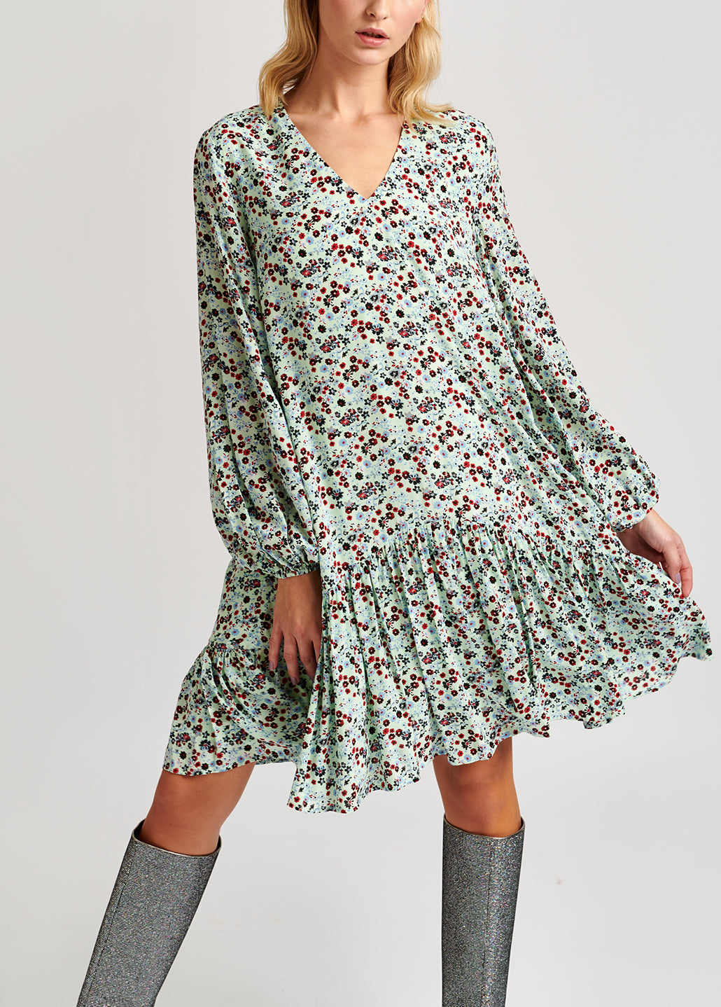 Muntgroene mini-jurk met bloemenprint RE—SSENTIEL | Essentiel second hand