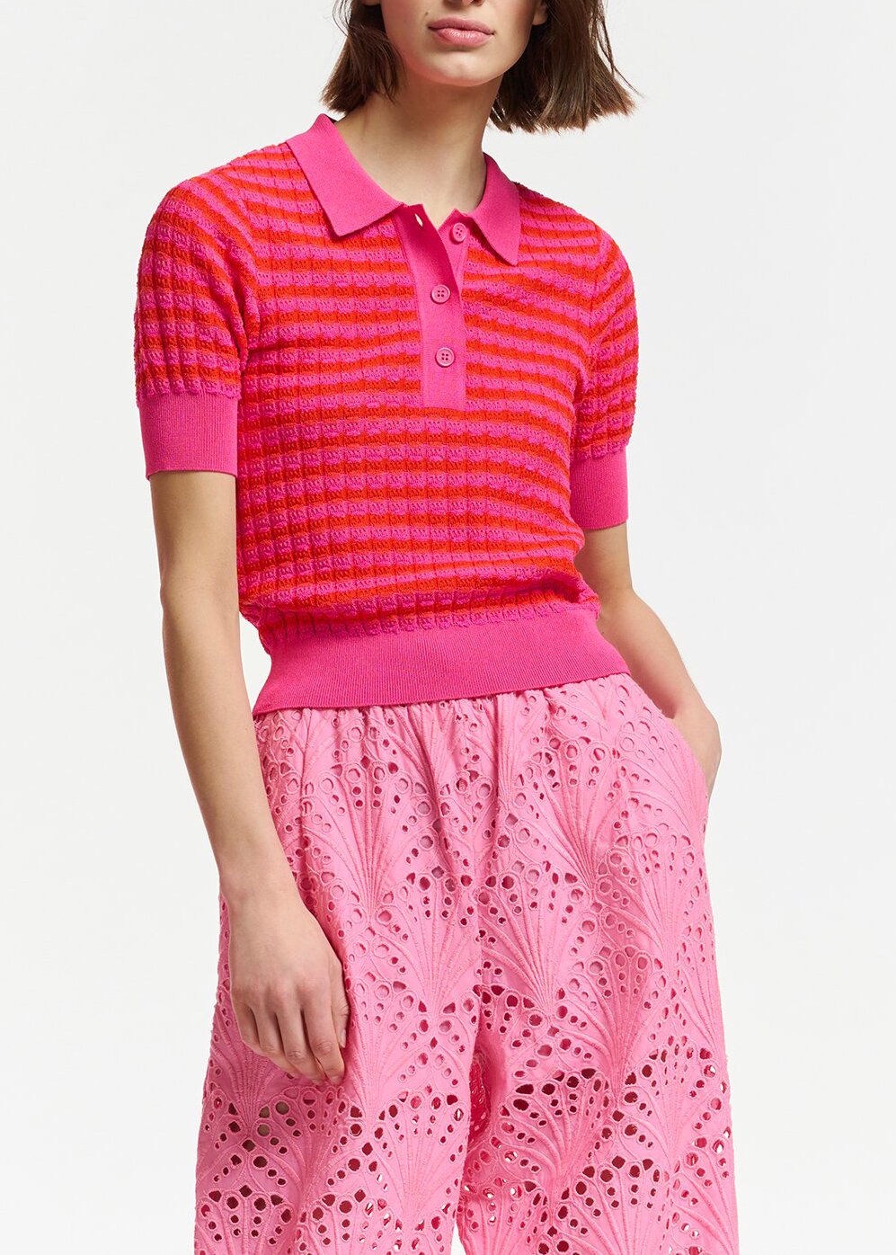 Pink and red striped knitted polo top RE—SSENTIEL | Essentiel second hand