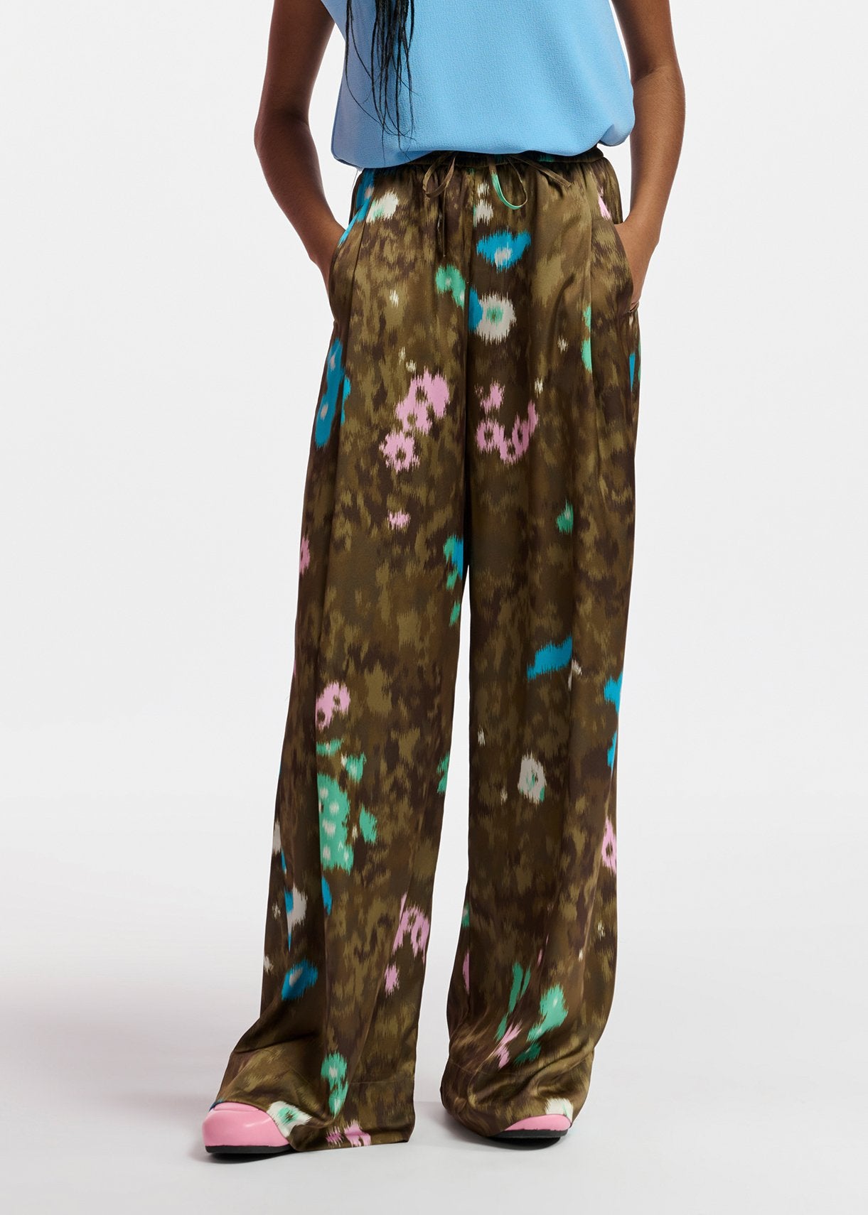 Khaki floral print wide-leg pants RE—SSENTIEL | Essentiel second hand