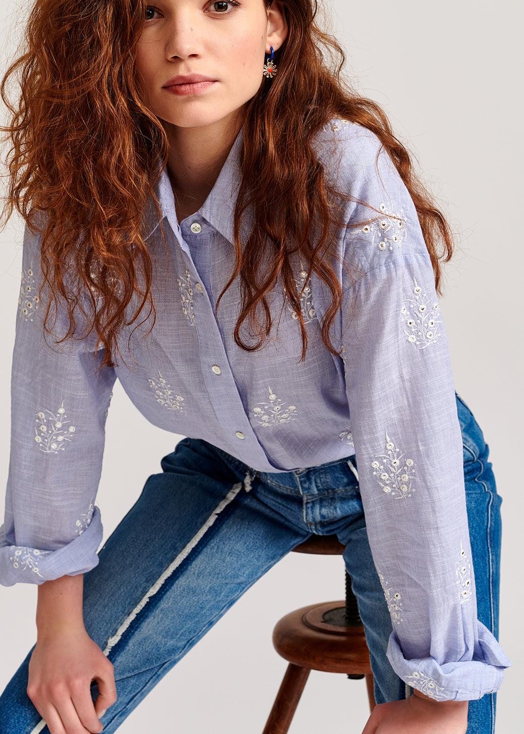 Light blue embellished embroidered cotton shirt RE—SSENTIEL | Essentiel second hand