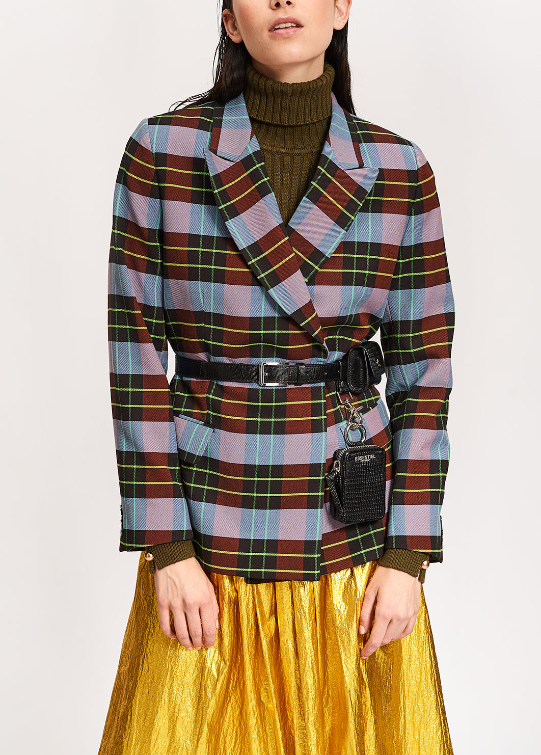 Veste croisée au motif tartan bleu pâle, bordeaux et noir RE—SSENTIEL | Essentiel second hand