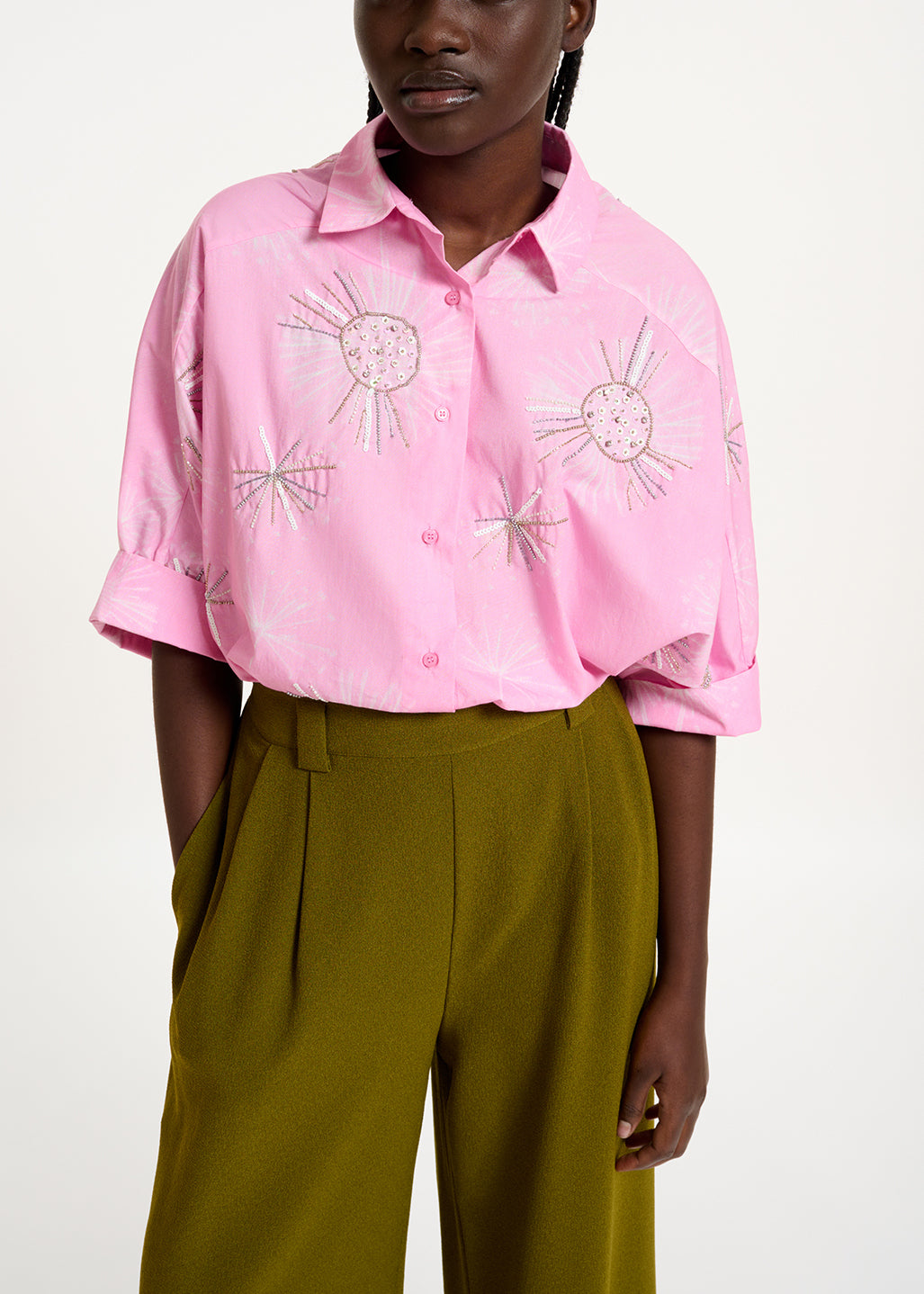 Pink cotton shirt with sequin and beaded embroideries RE—SSENTIEL | Essentiel second hand