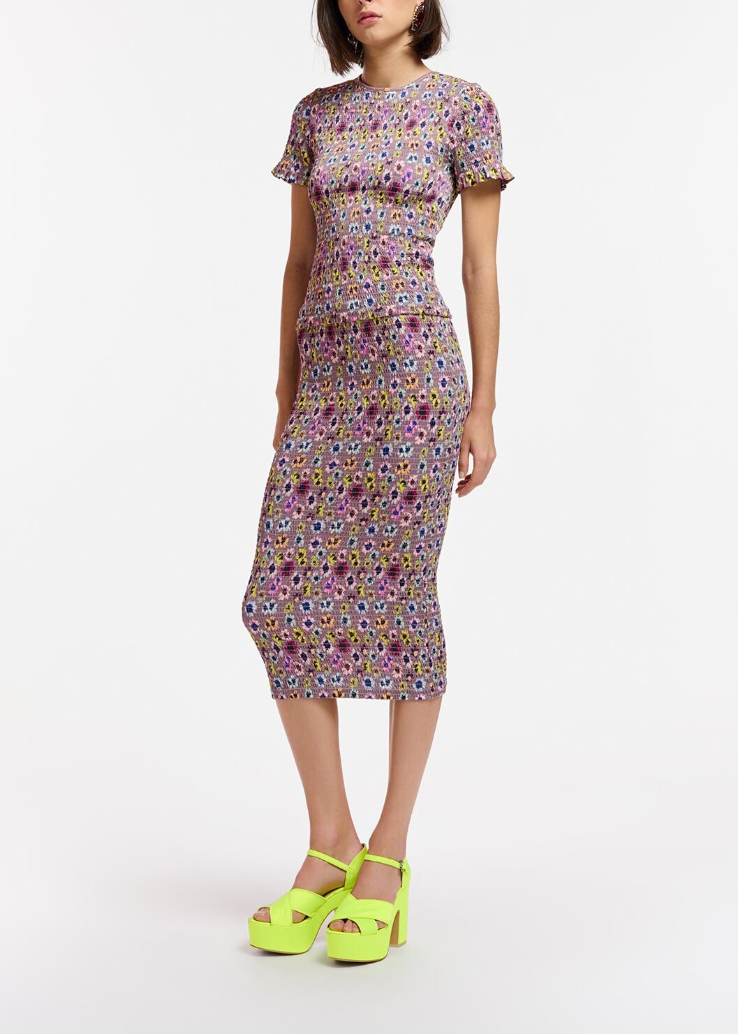 Mauve smocked top with multicolor floral print RE—SSENTIEL | Essentiel second hand