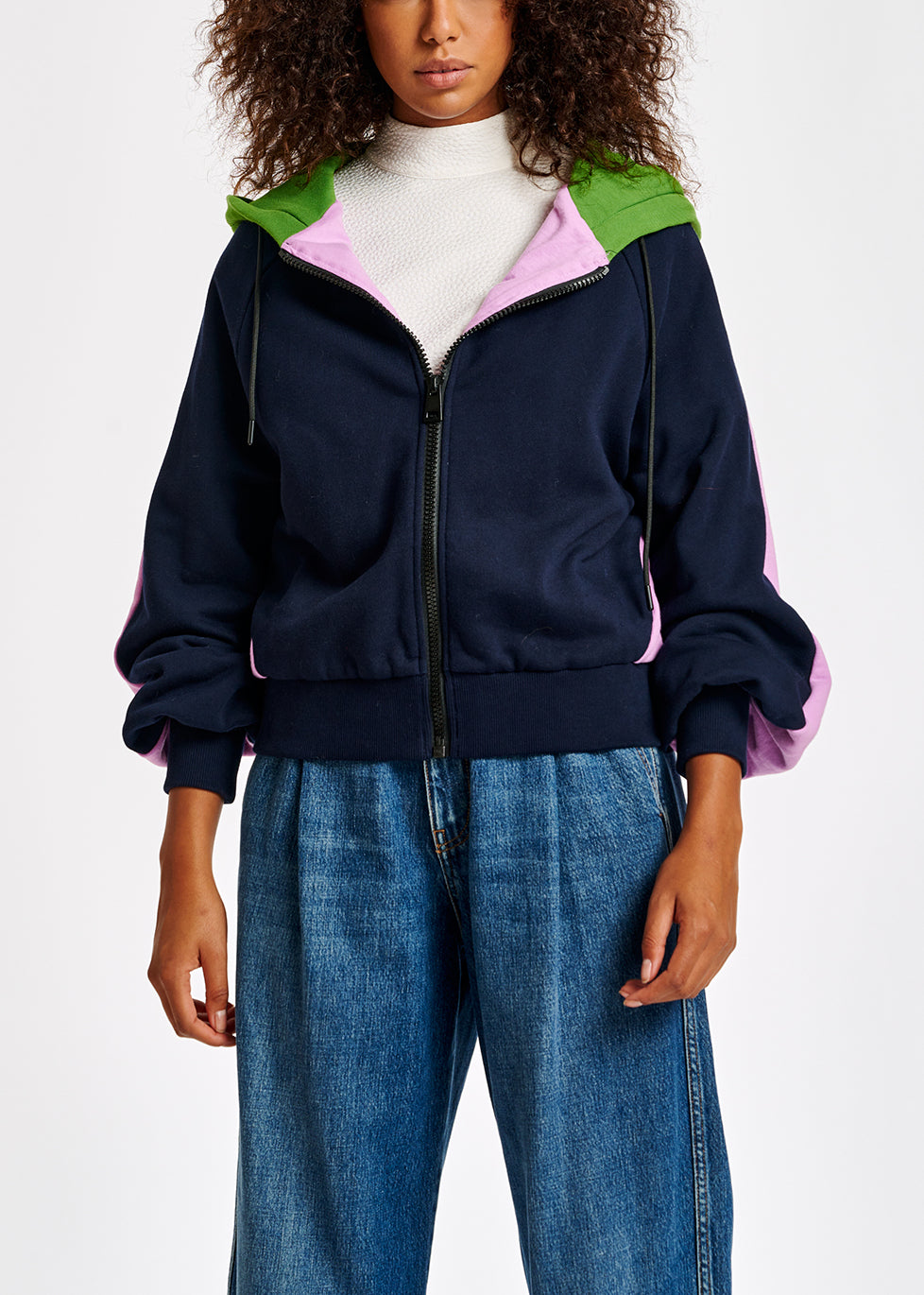 Navy blue, pink and green organic cotton zip-up hoodie RE—SSENTIEL | Essentiel second hand