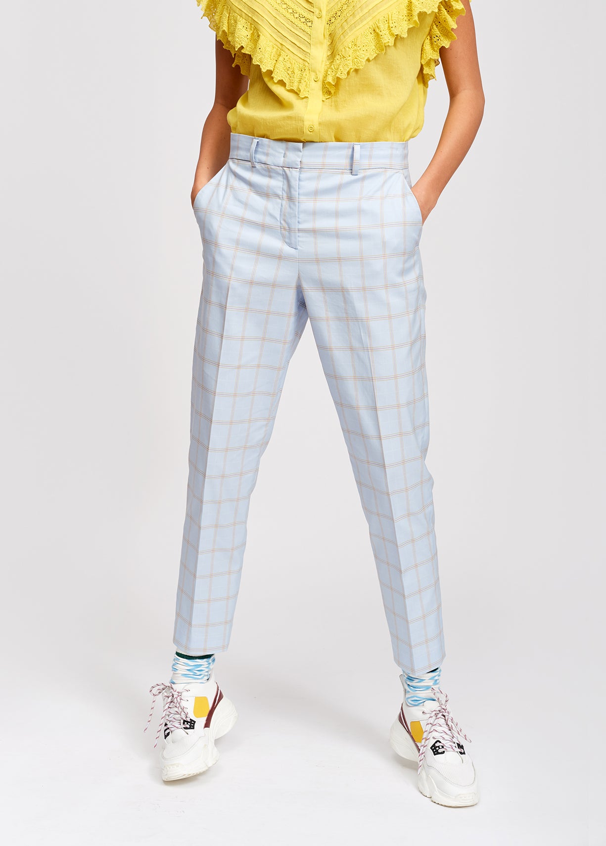 Light blue plaid tailored trousers RE—SSENTIEL | Essentiel second hand