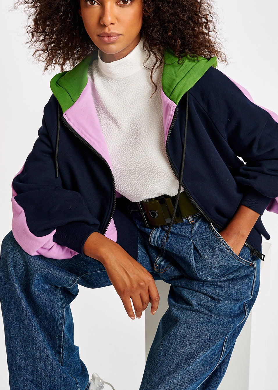 Navy blue, pink and green organic cotton zip-up hoodie RE—SSENTIEL | Essentiel second hand