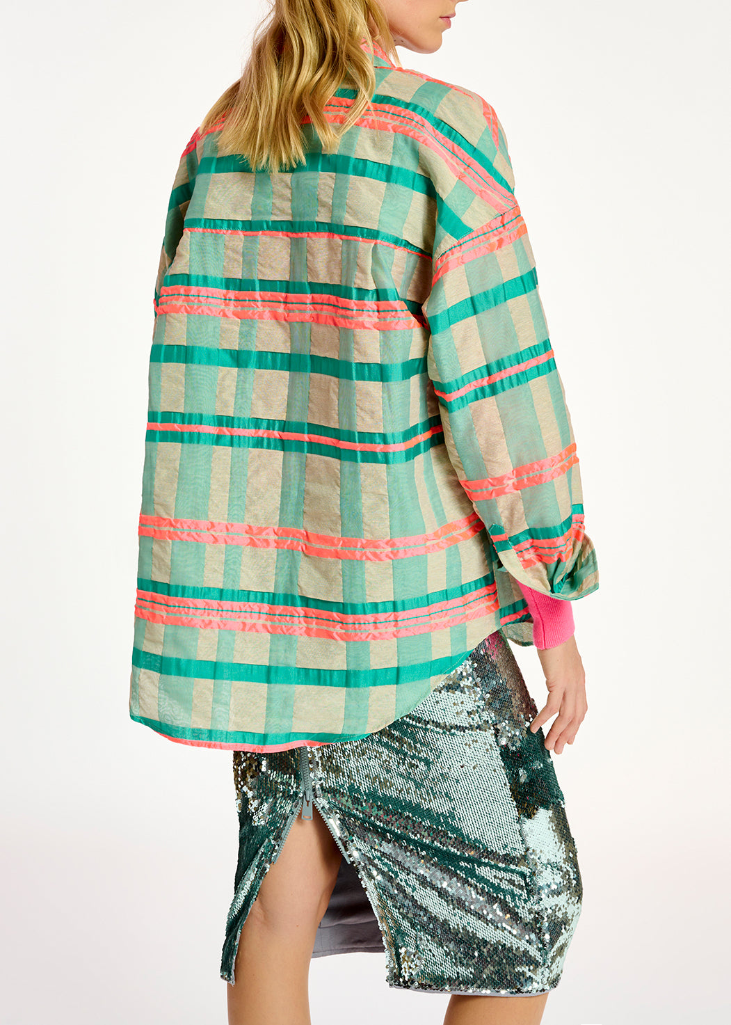 Light blue, turquoise and neon pink oversized shirt with check motif RE—SSENTIEL | Essentiel second hand