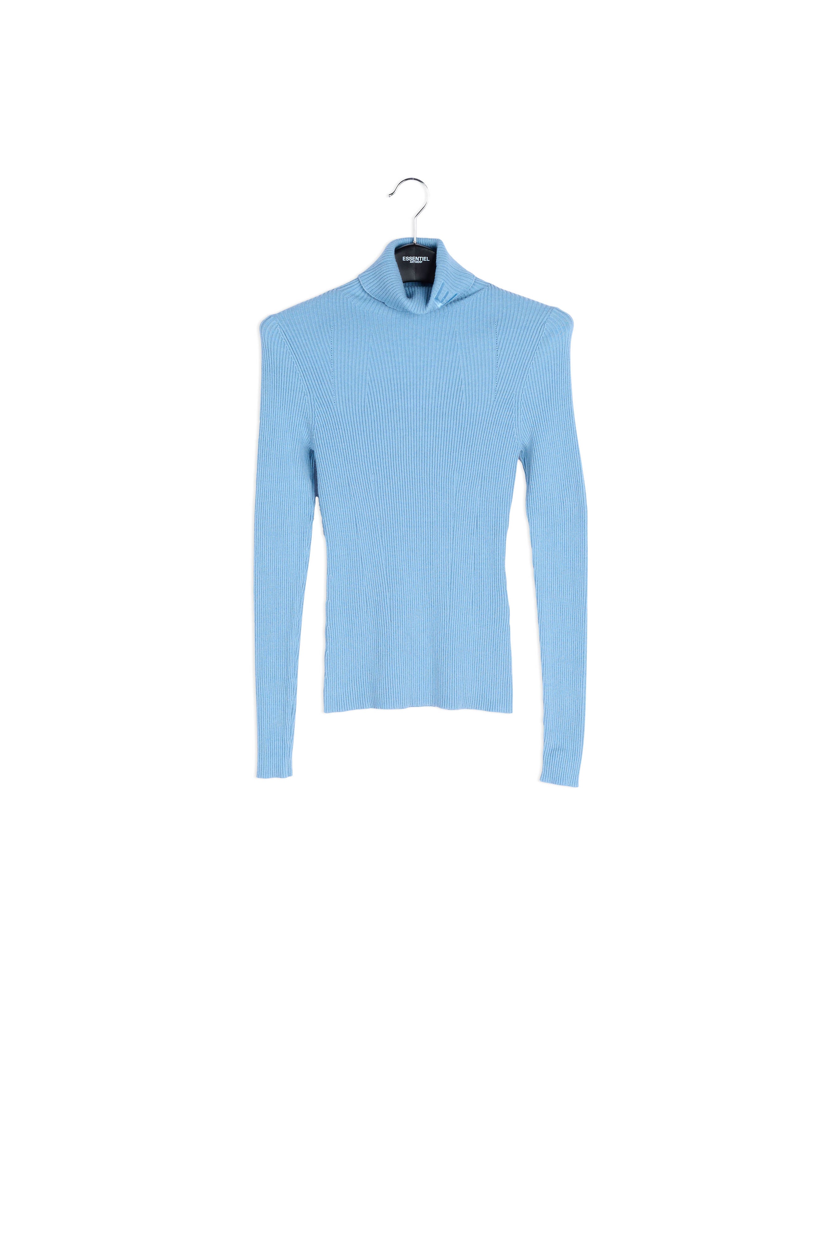 Pull bleu clair en maille côtelée à col roulé avec logo RE—SSENTIEL | Essentiel second hand