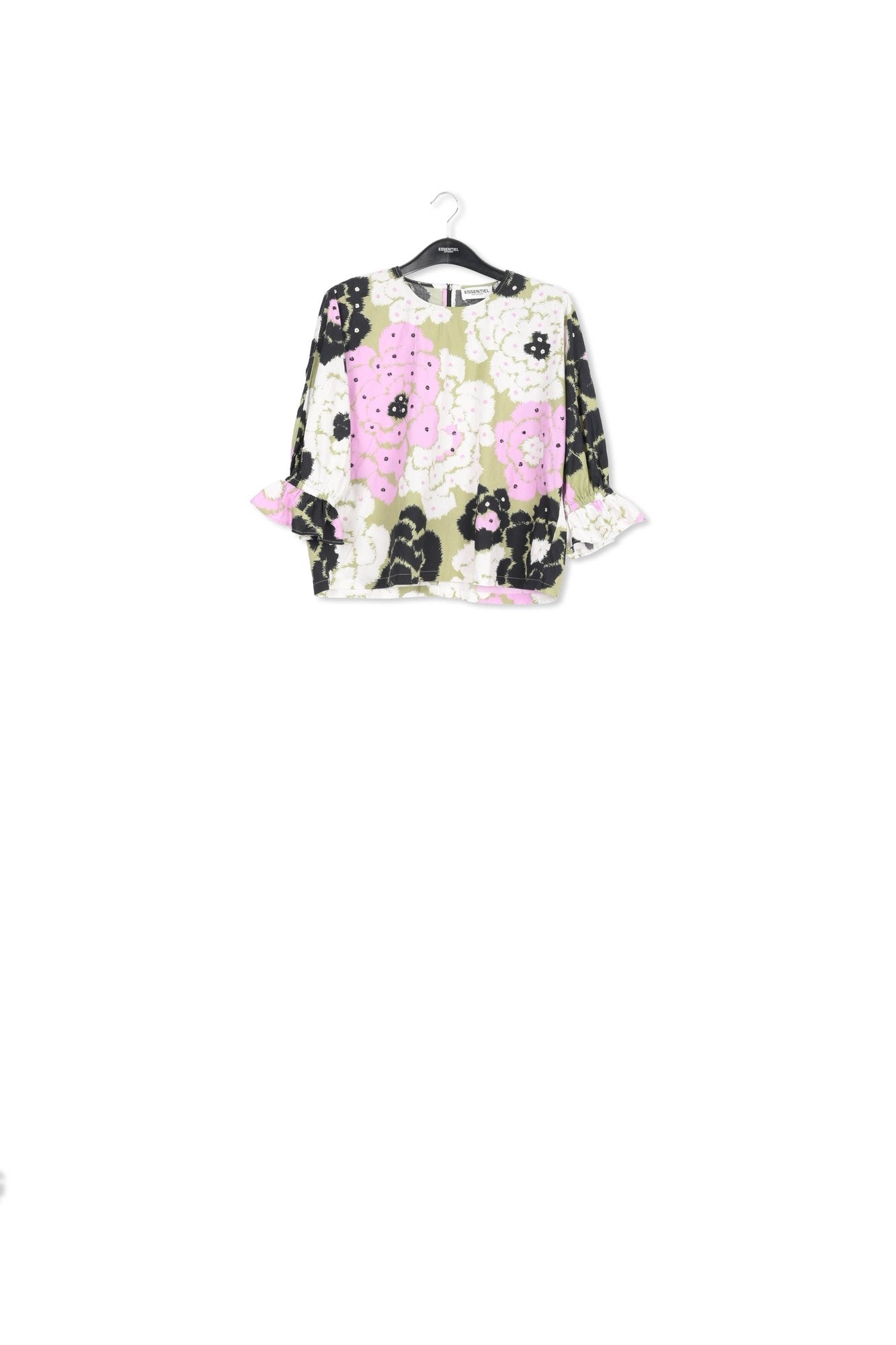 Khaki, lilac and off-white top with puffed sleeves RE—SSENTIEL | Essentiel second hand