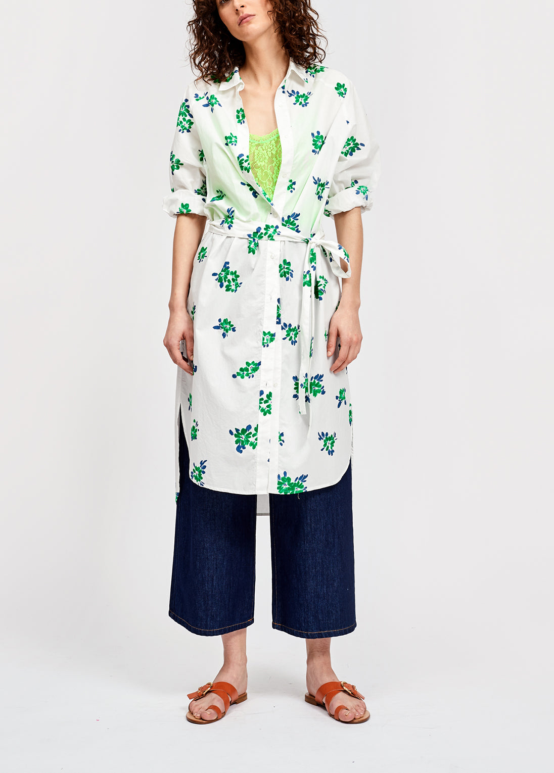 White shirt dress with blue and green floral print RE—SSENTIEL | Essentiel second hand