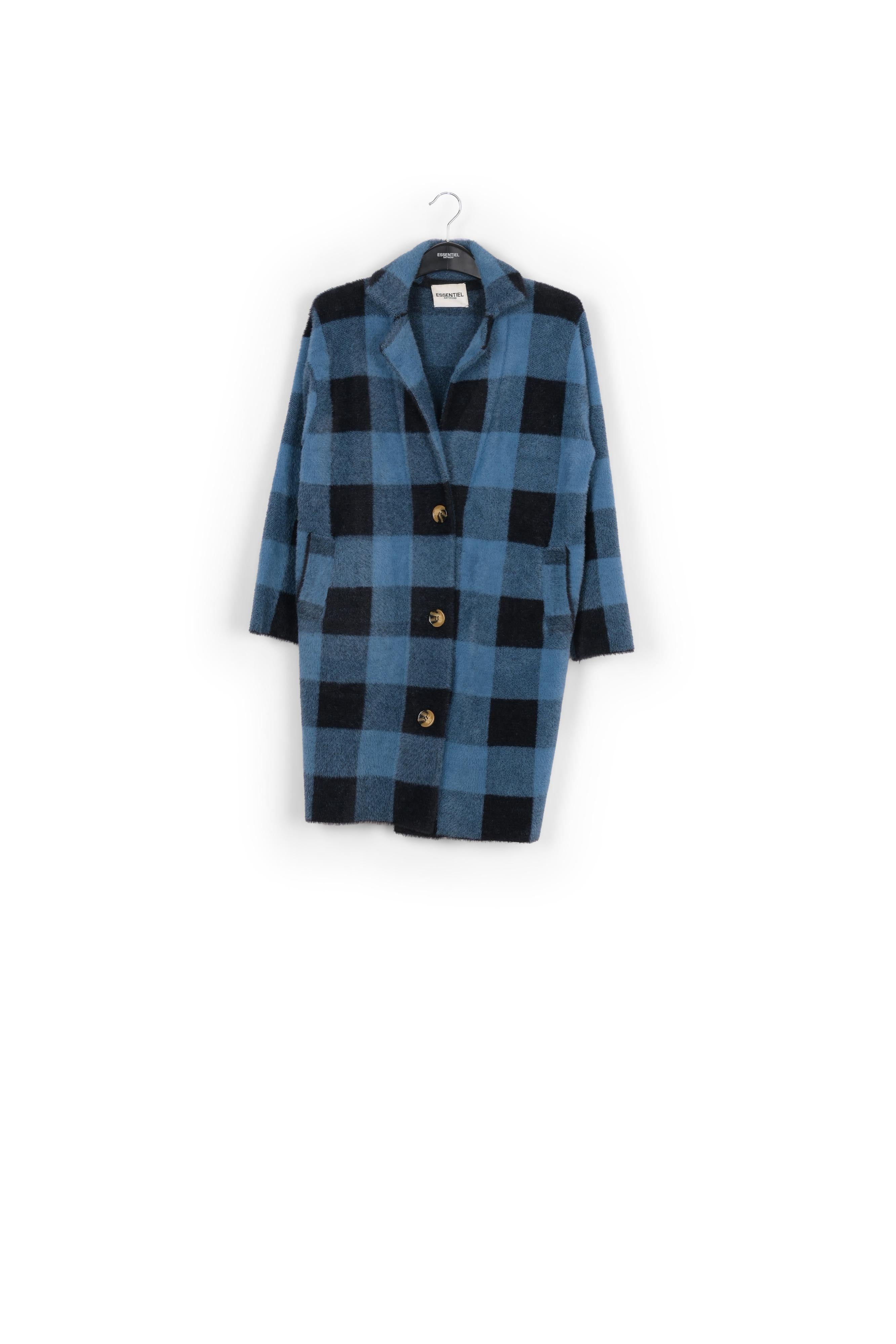 Black and blue check knitted coat RE—SSENTIEL | Essentiel second hand