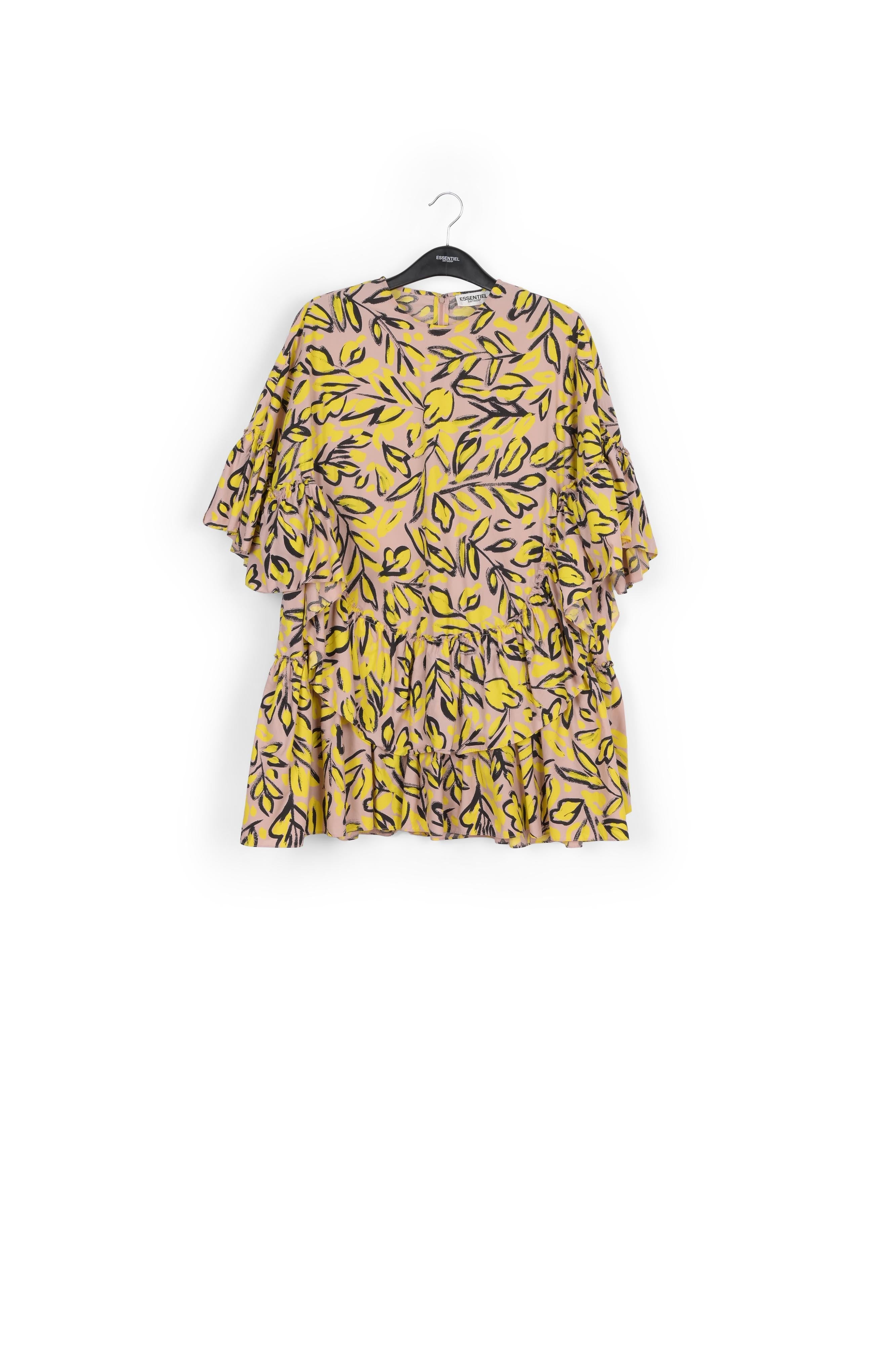 Beige ruffled cotton dress with floral print RE—SSENTIEL | Essentiel second hand