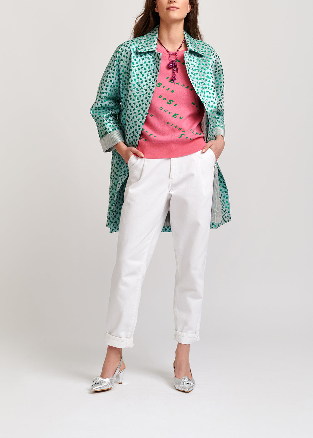 Light pink knitted sweater with dark green print RE—SSENTIEL | Essentiel second hand