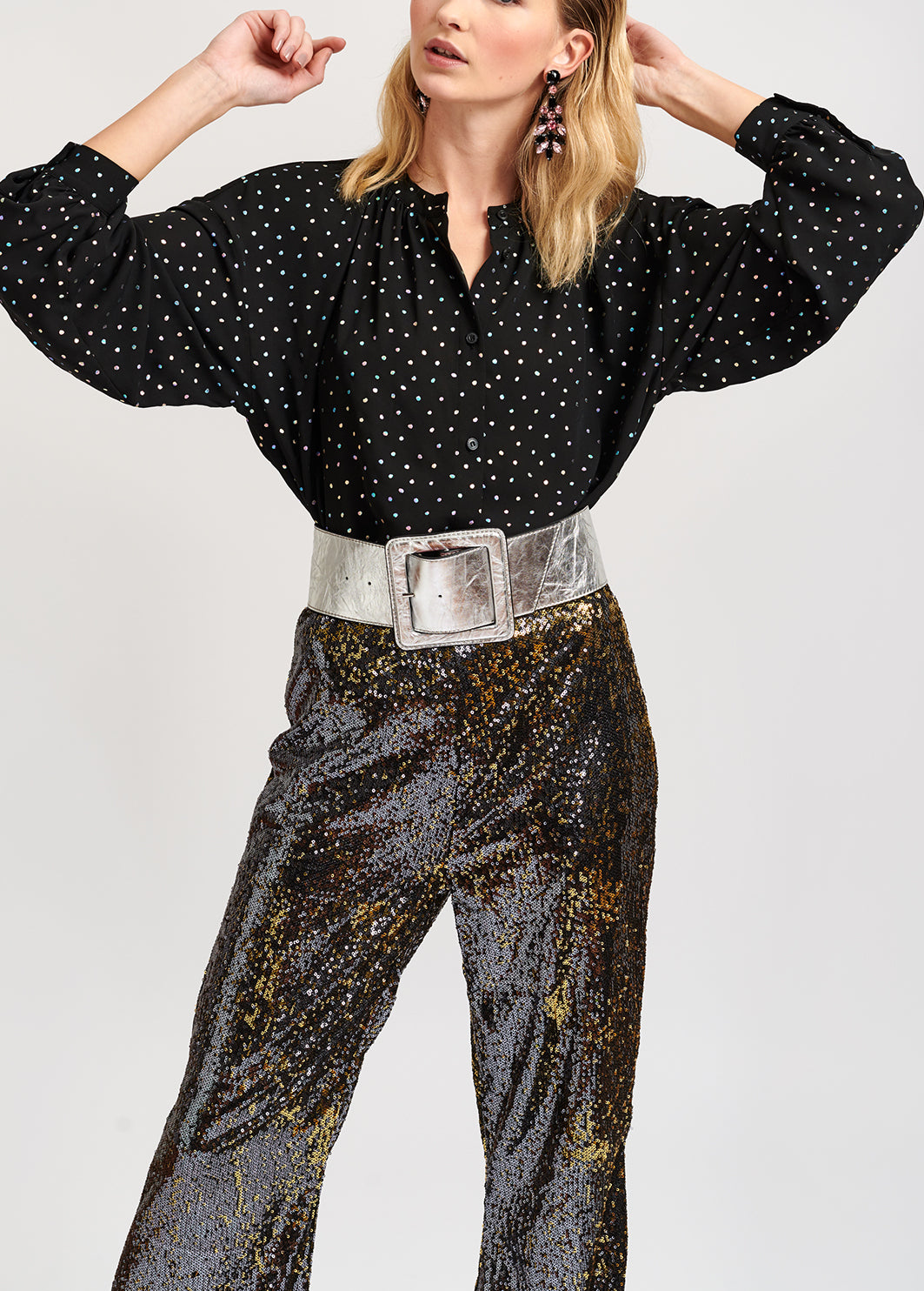 Black buttoned blouse with holographic polka dots RE—SSENTIEL | Essentiel second hand