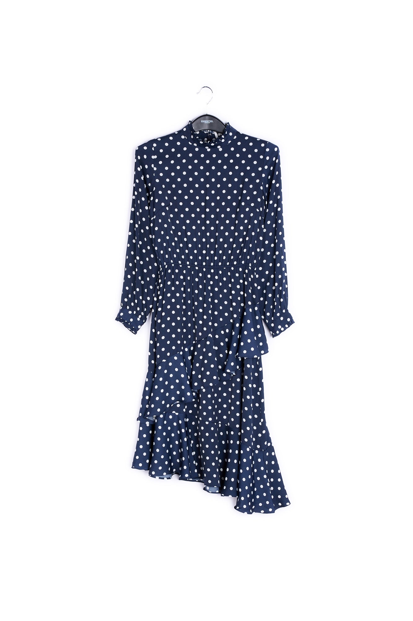 Dark blue polka dot ruffled midi dress RE—SSENTIEL | Essentiel second hand