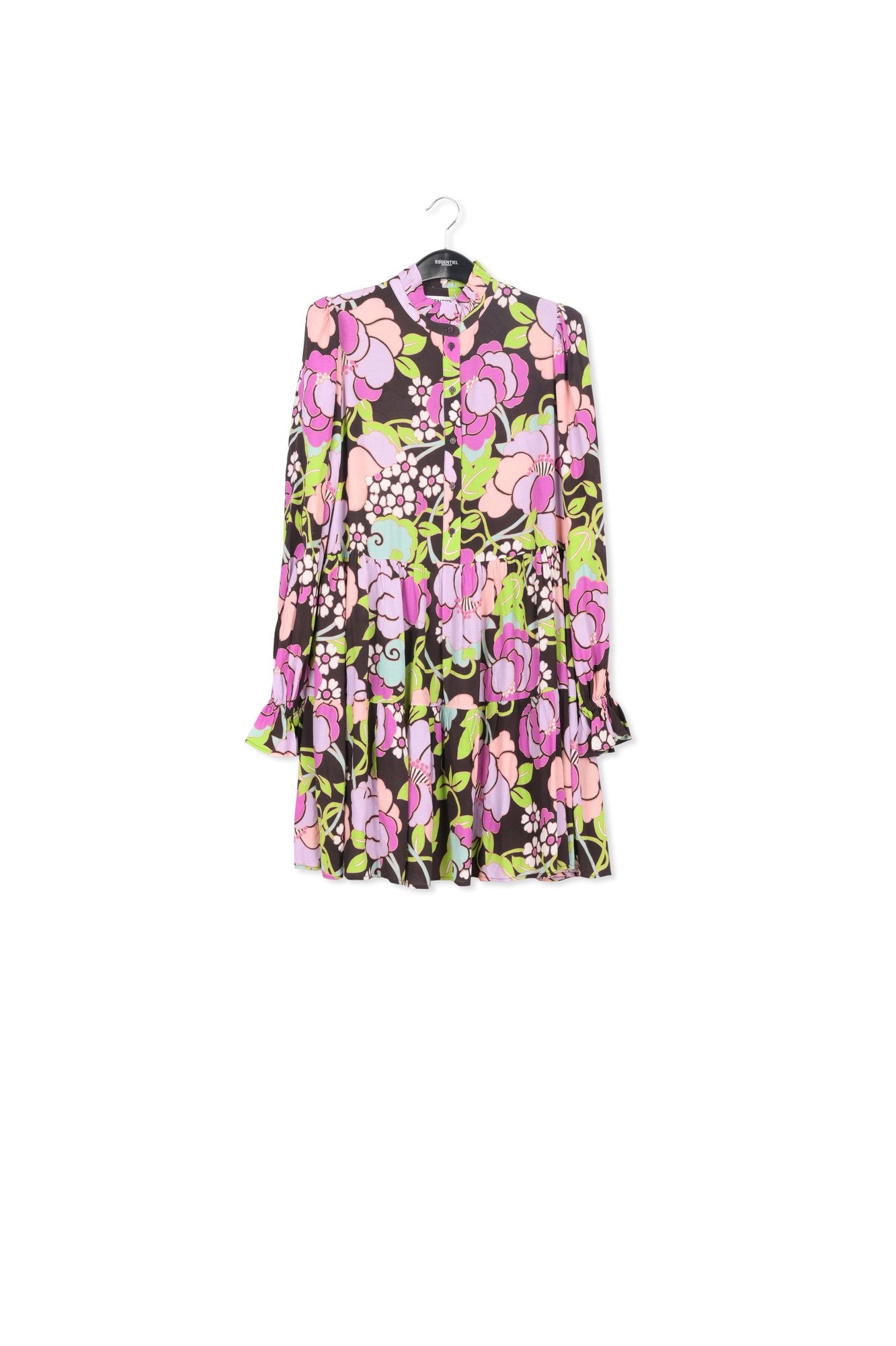 Black tiered mini dress with floral print RE—SSENTIEL | Essentiel second hand