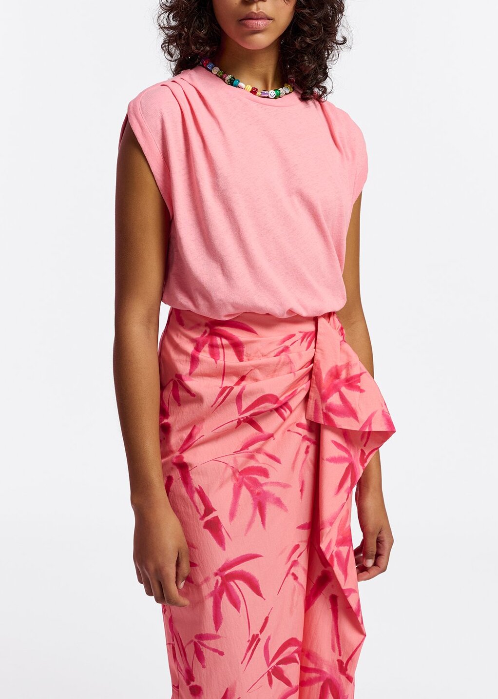 Peach cotton draped midi skirt with palm leaf print RE—SSENTIEL | Essentiel second hand