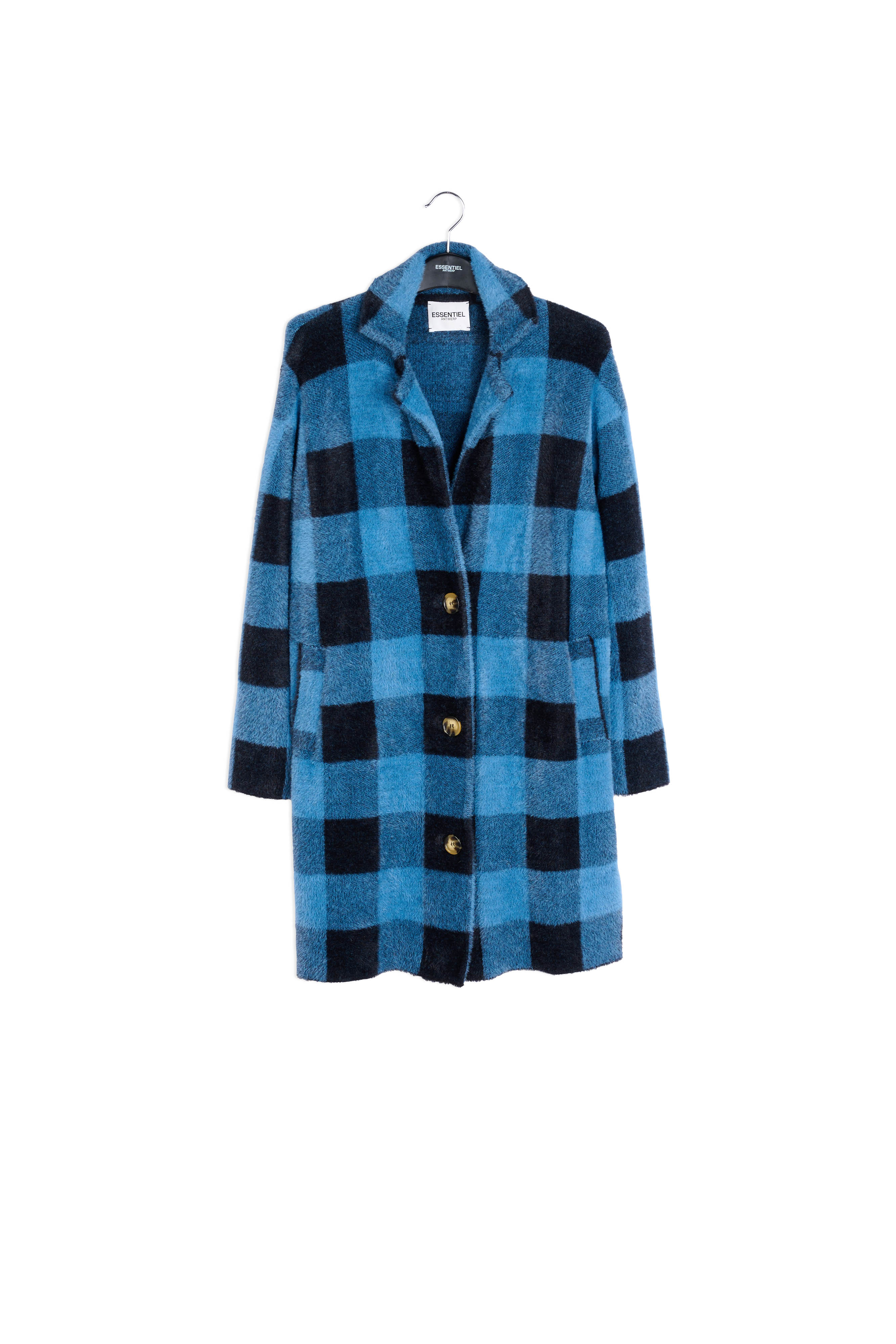 Manteau tricoté à carreaux noirs et bleus RE—SSENTIEL | Essentiel second hand