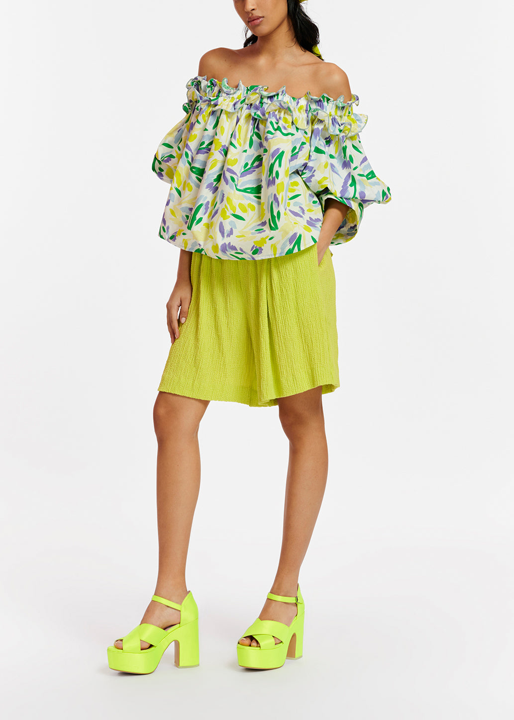 Top à épaules dénudées imprimé fleuri blanc, jaune et violet RE—SSENTIEL | Essentiel second hand